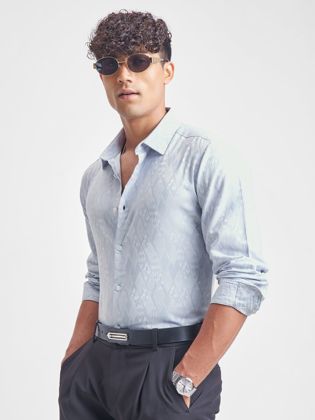 Highlander Men Blue Self Design Slim Fit Casual Shirt - Blue - Image 4