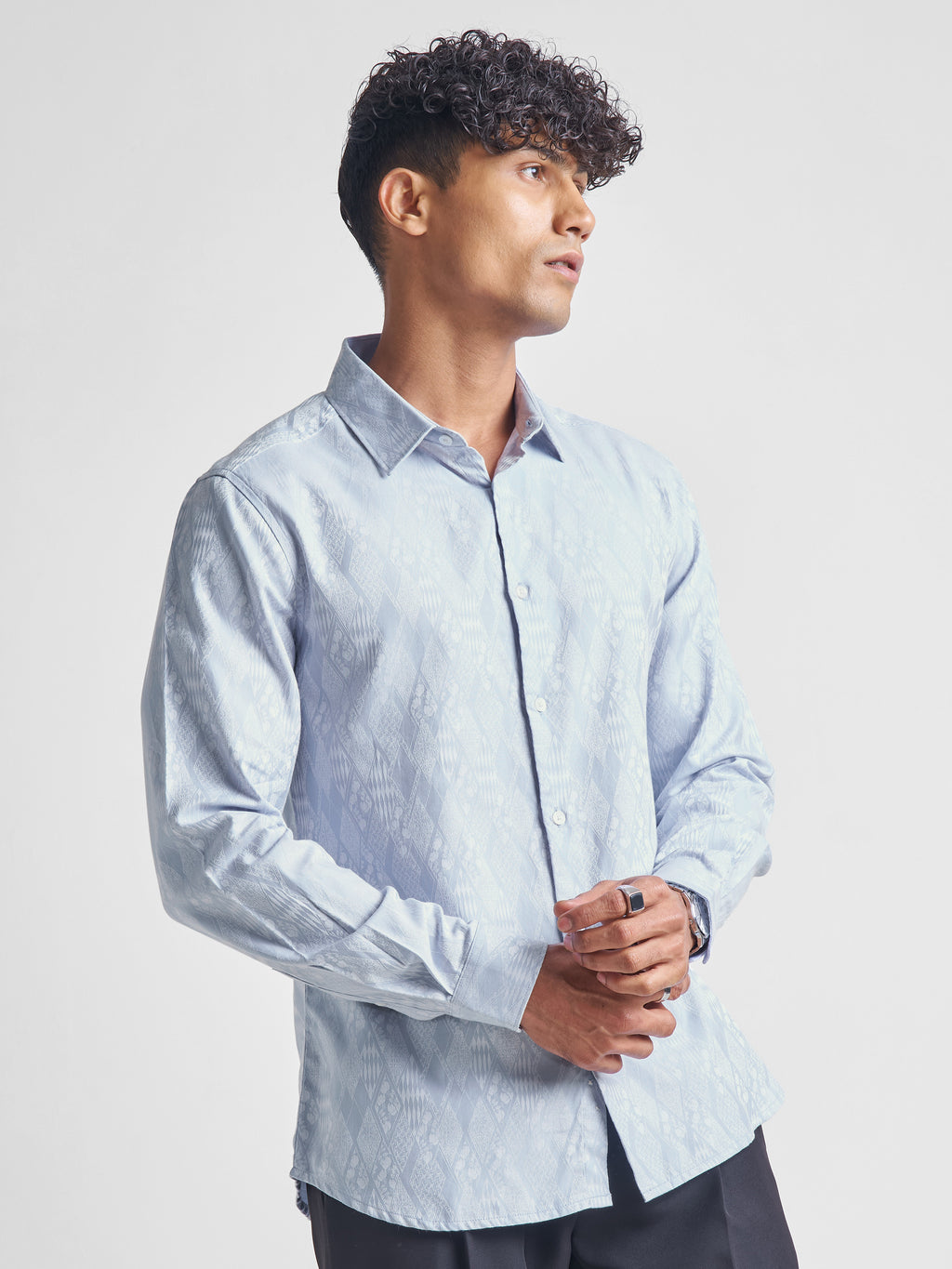 Highlander Men Blue Self Design Slim Fit Casual Shirt - Blue - Image 6