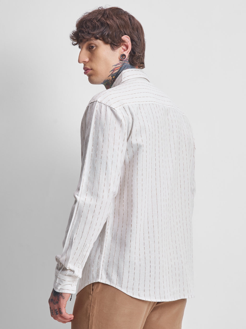 Highlander Men Cream Striped Relaxed Fit Casual Shirt - Cream - Image 3