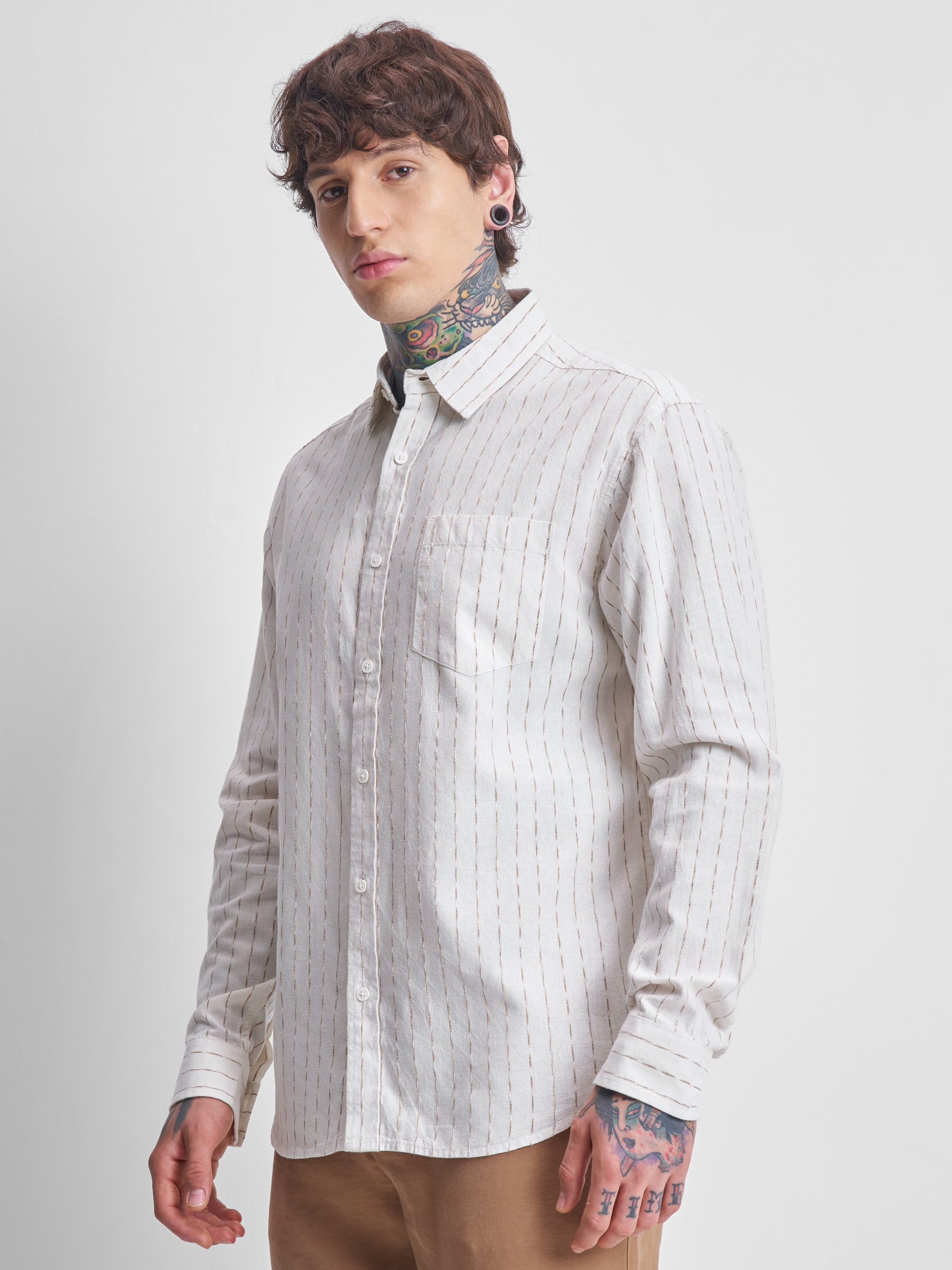 Highlander Men Cream Striped Relaxed Fit Casual Shirt - Cream - Image 4