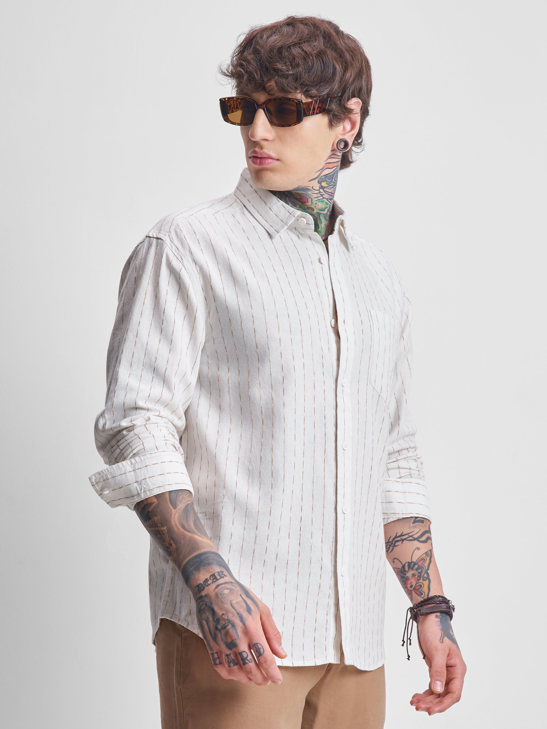 Highlander Men Cream Striped Relaxed Fit Casual Shirt - Cream - Image 6