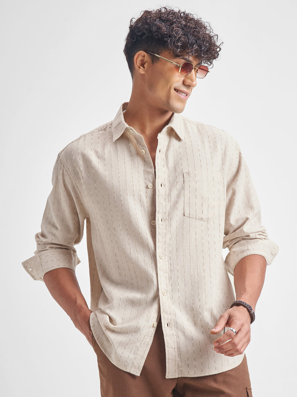 Highlander Men Beige Self Design Relaxed Fit Casual Shirt - Beige - Image 1