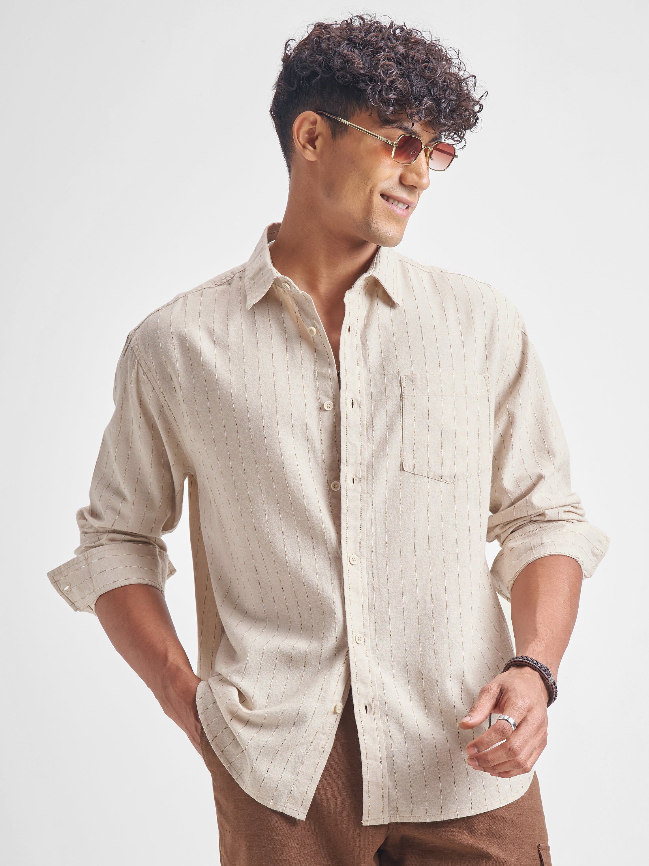 Highlander Men Beige Self Design Relaxed Fit Casual Shirt - Beige - Image 1