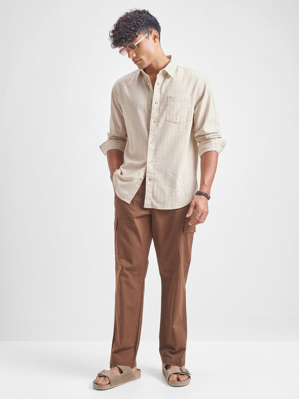 Highlander Men Beige Self Design Relaxed Fit Casual Shirt - Beige - Image 2