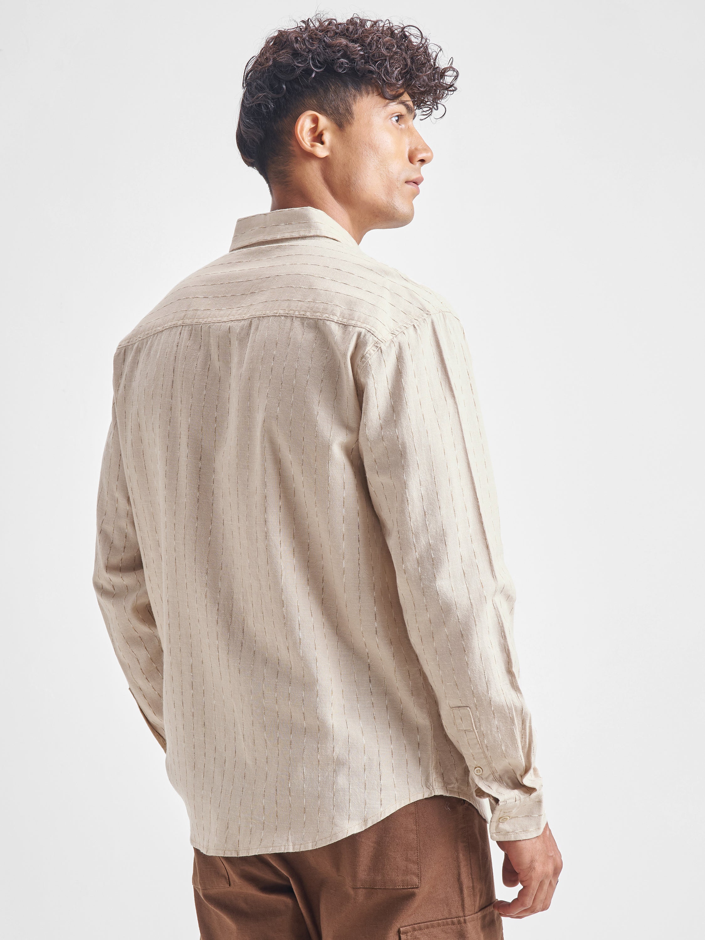 Highlander Men Beige Self Design Relaxed Fit Casual Shirt - Beige - Image 3