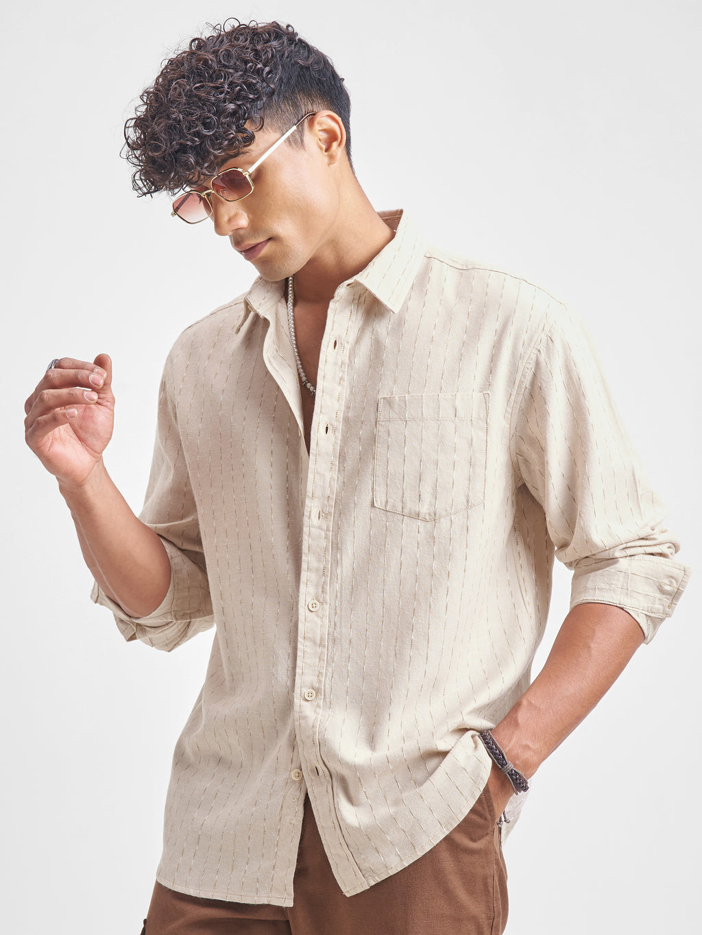 Highlander Men Beige Self Design Relaxed Fit Casual Shirt - Beige - Image 4