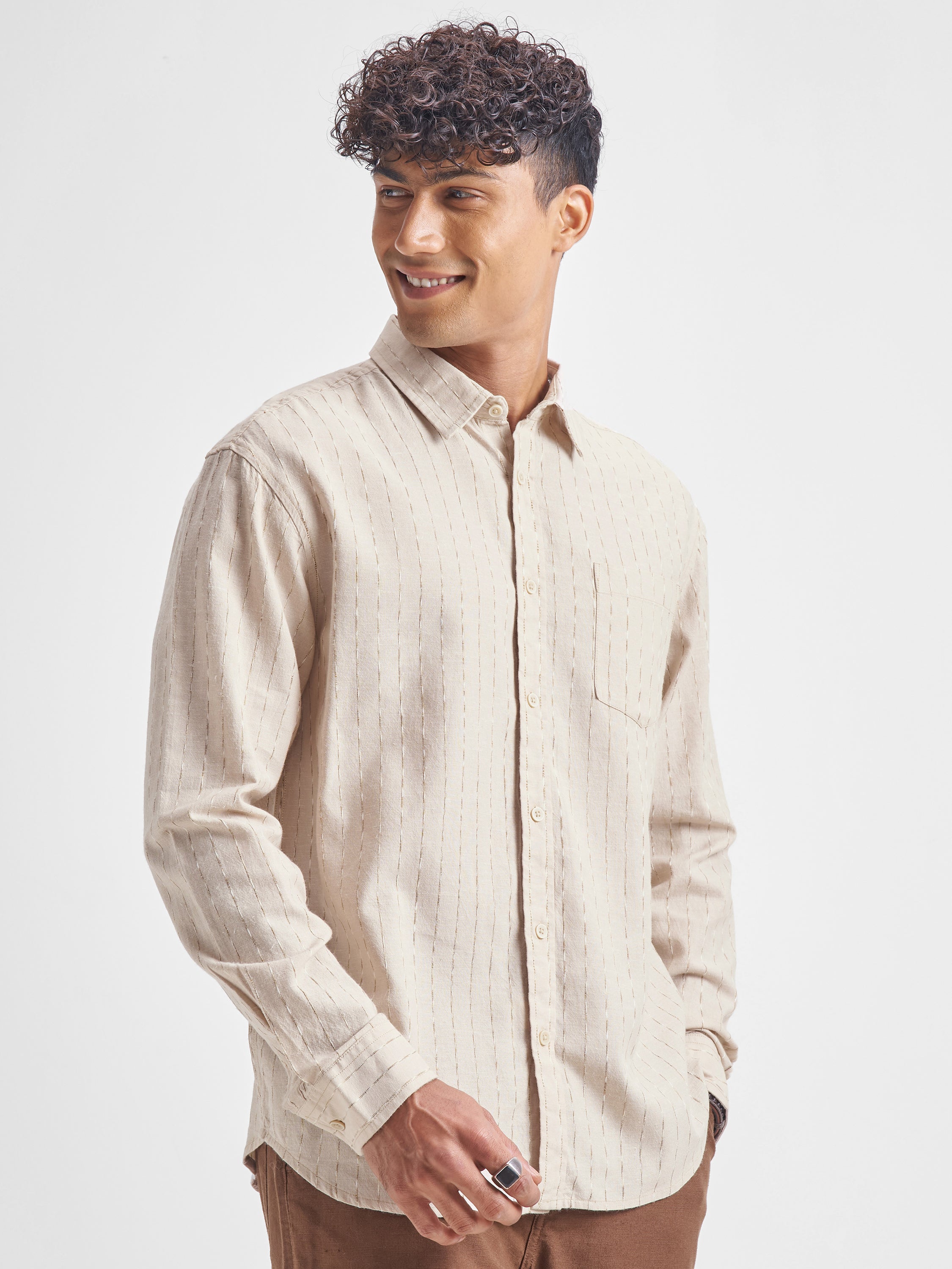 Highlander Men Beige Self Design Relaxed Fit Casual Shirt - Beige - Image 6