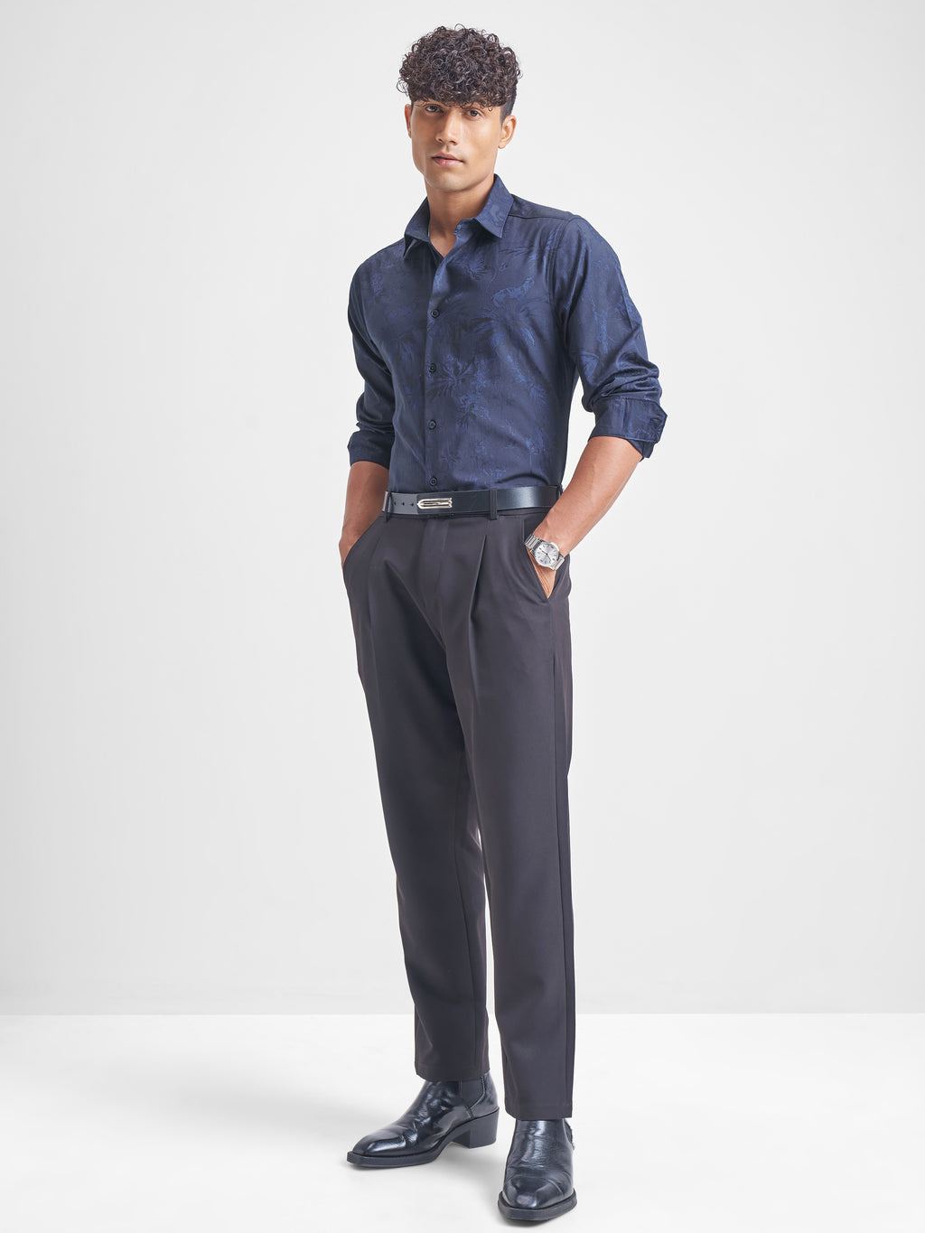 Highlander Men Navy Blue Self Design Slim Fit Casual Shirt - Navy Blue - Image 2
