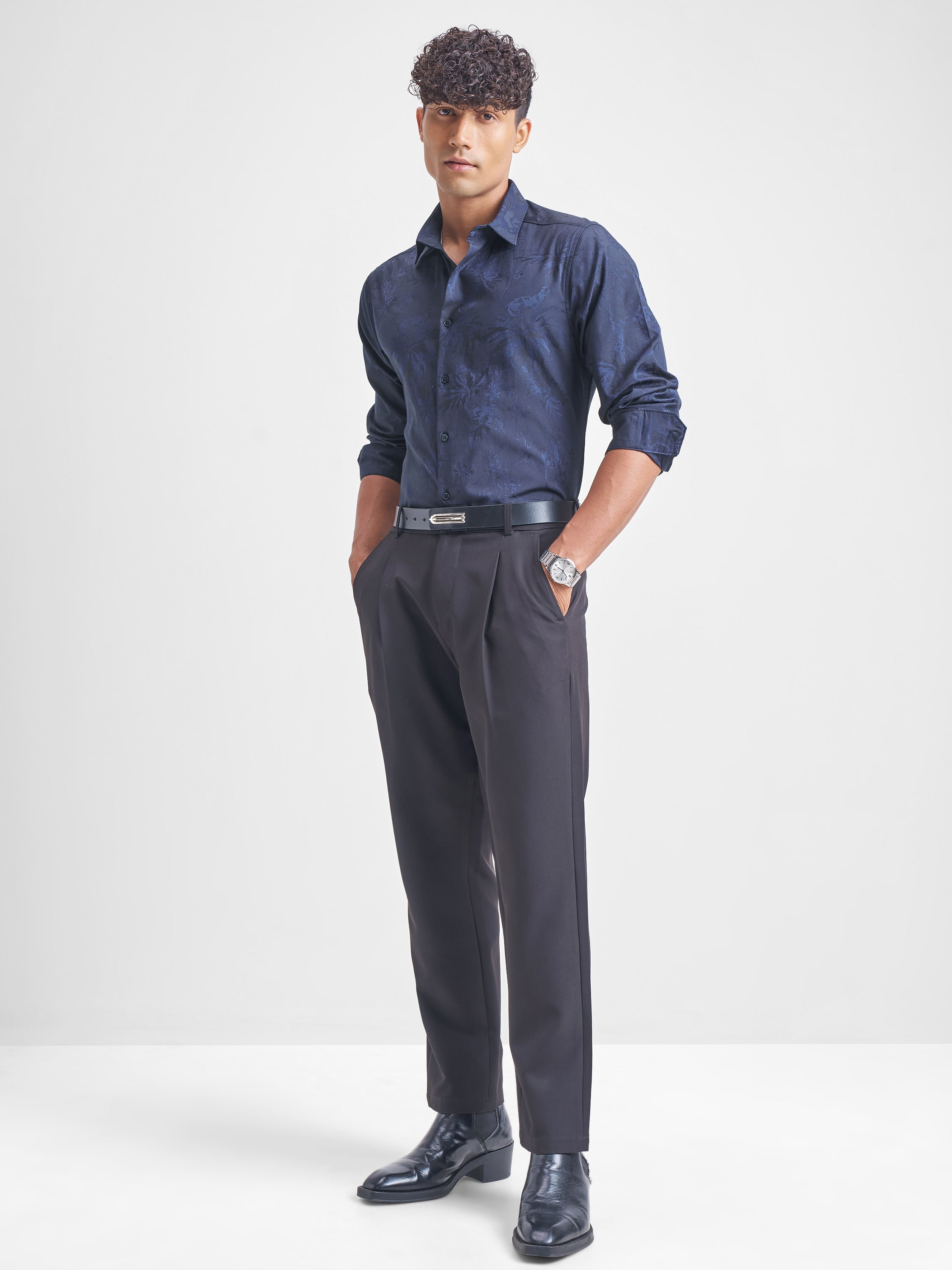 Highlander Men Navy Blue Self Design Slim Fit Casual Shirt - Navy Blue - Image 2