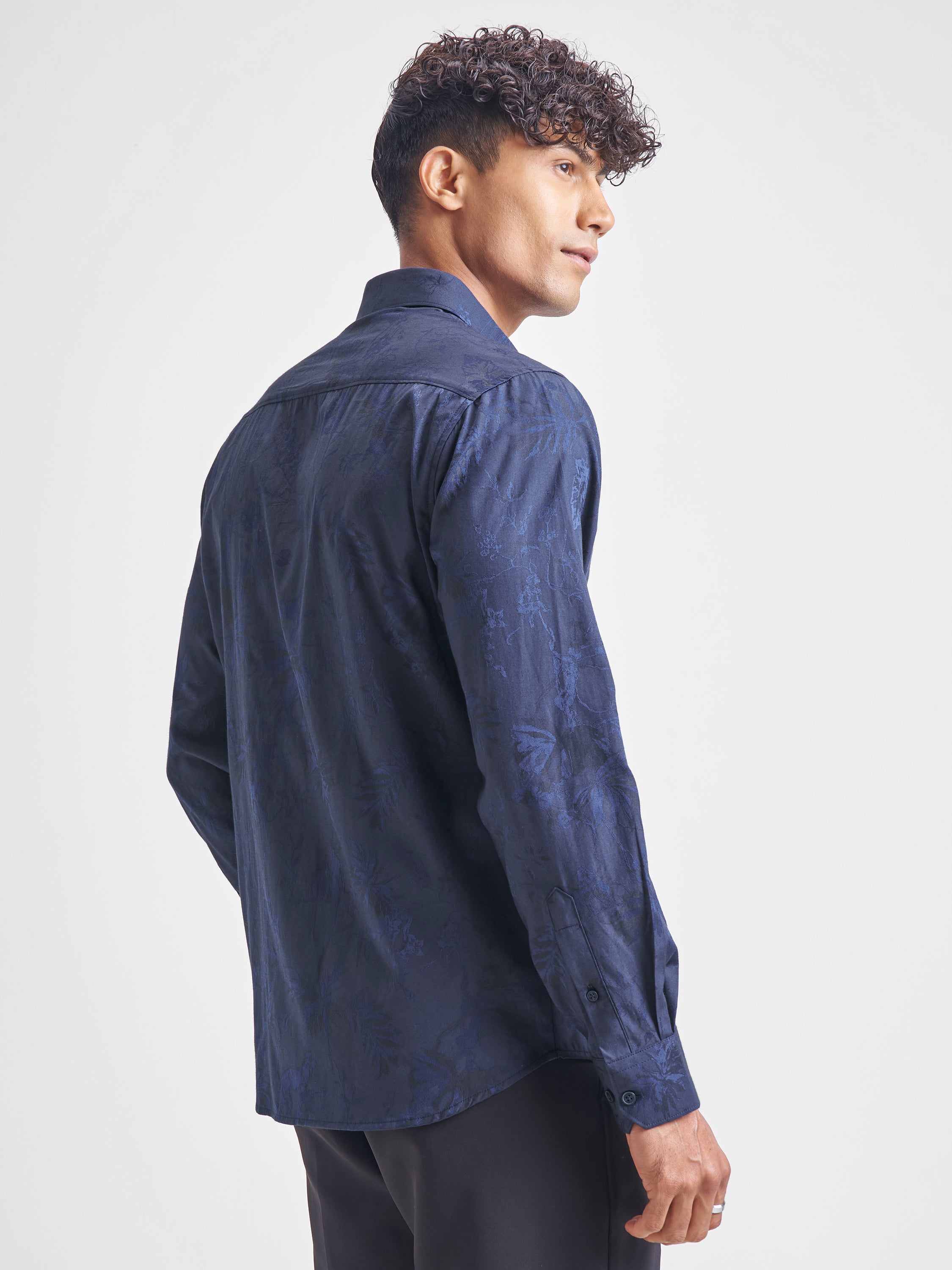 Highlander Men Navy Blue Self Design Slim Fit Casual Shirt - Navy Blue - Image 3