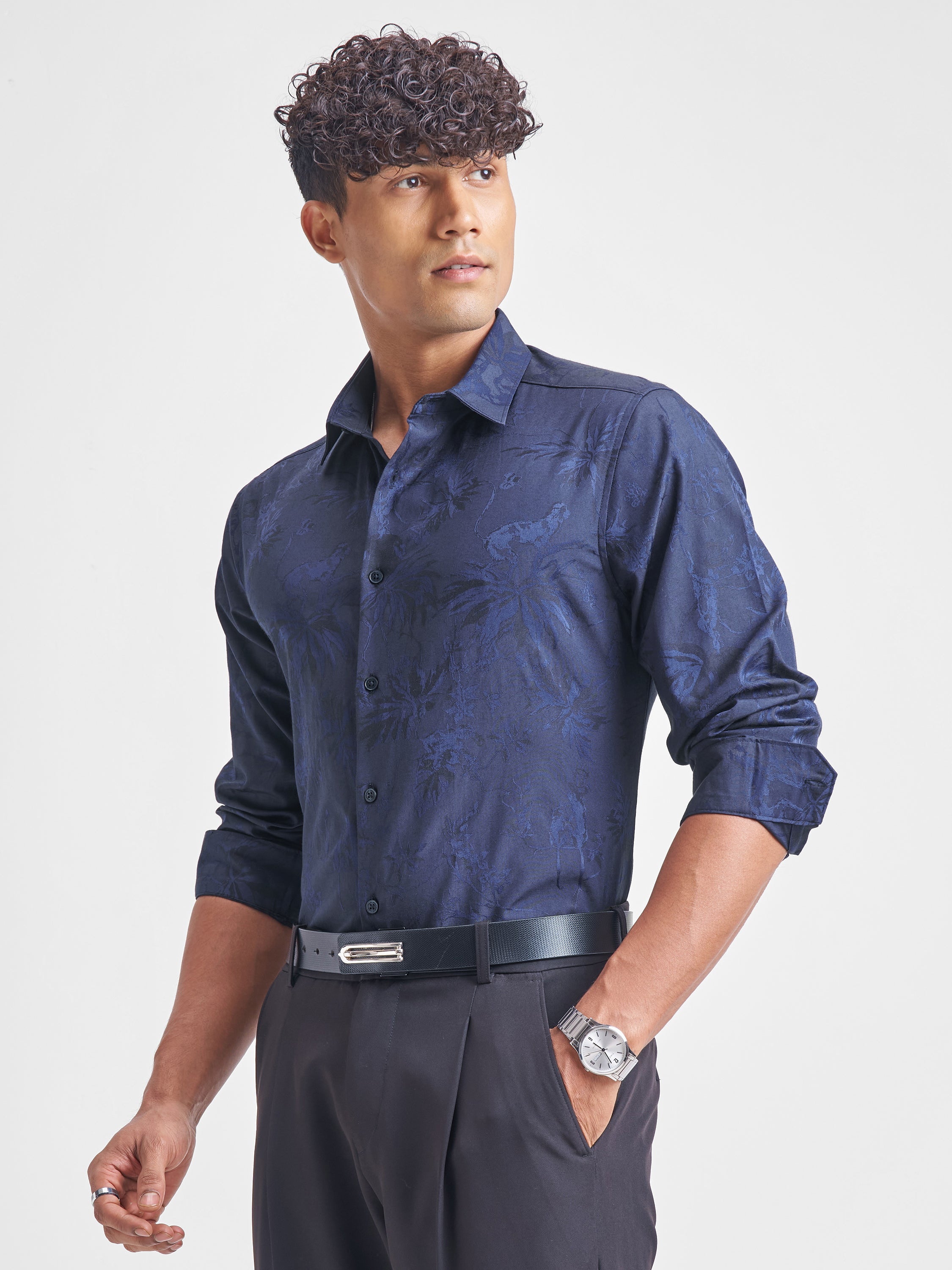 Highlander Men Navy Blue Self Design Slim Fit Casual Shirt - Navy Blue - Image 4