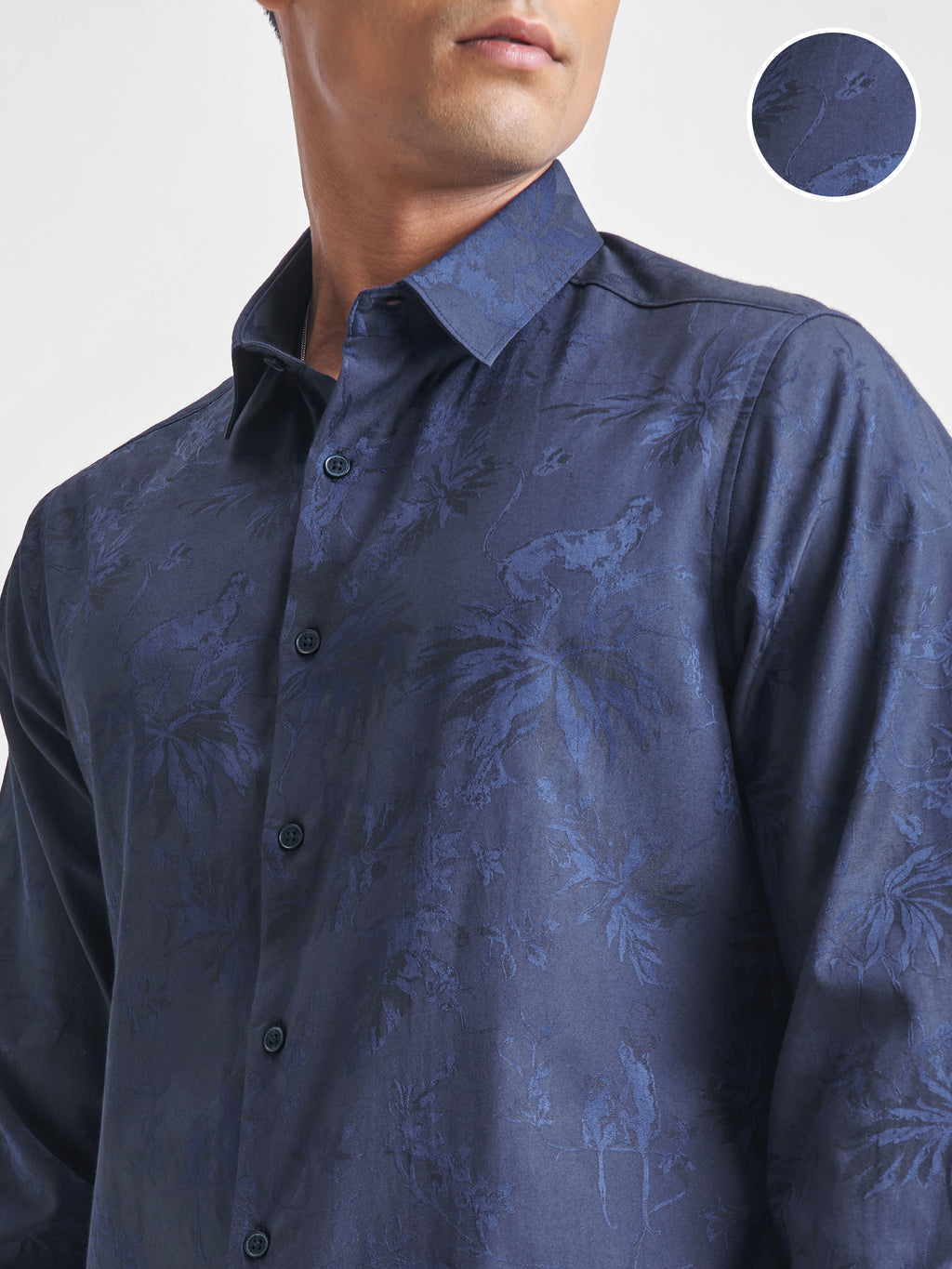 Highlander Men Navy Blue Self Design Slim Fit Casual Shirt - Navy Blue - Image 5