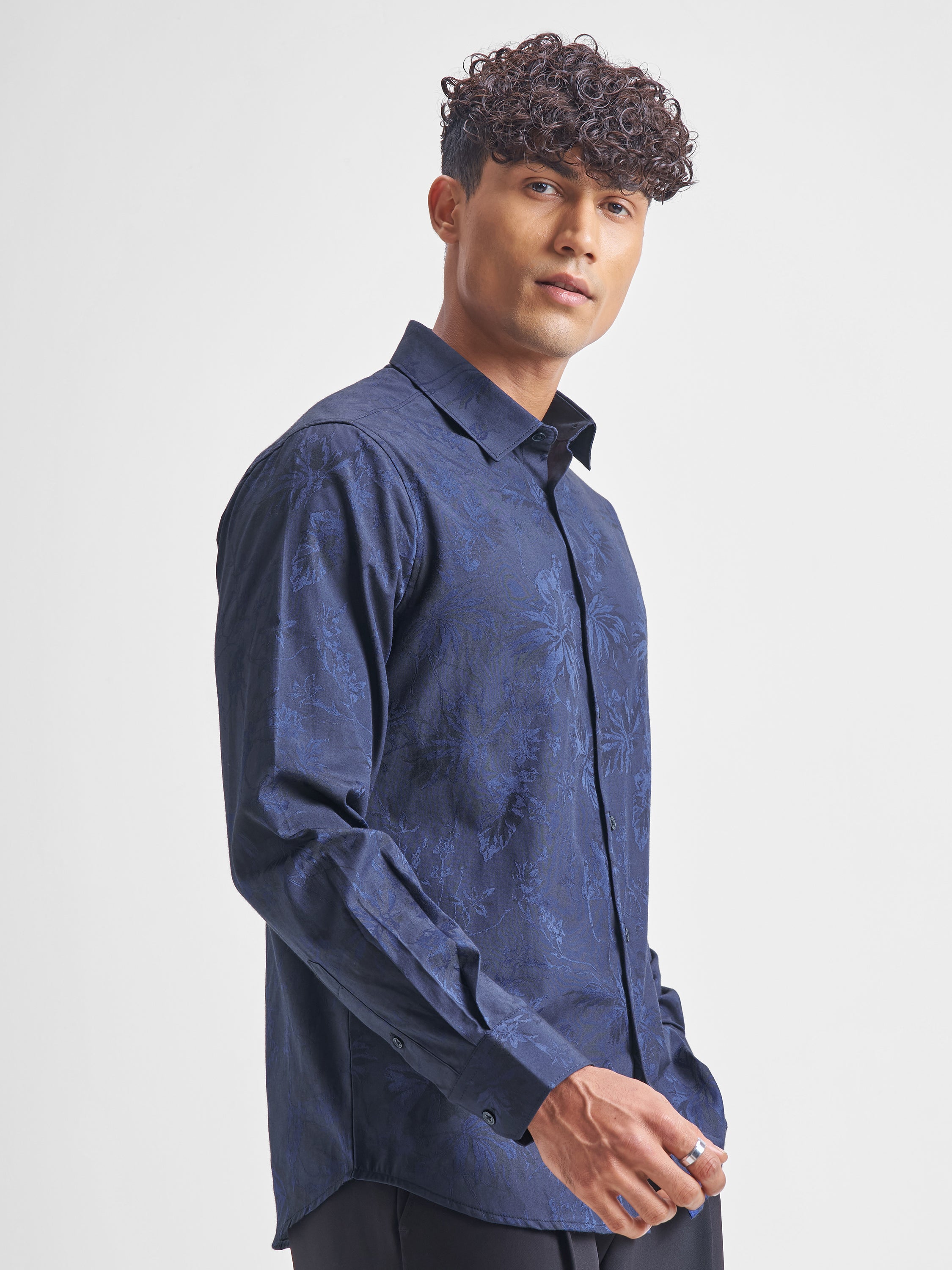 Highlander Men Navy Blue Self Design Slim Fit Casual Shirt - Navy Blue - Image 6