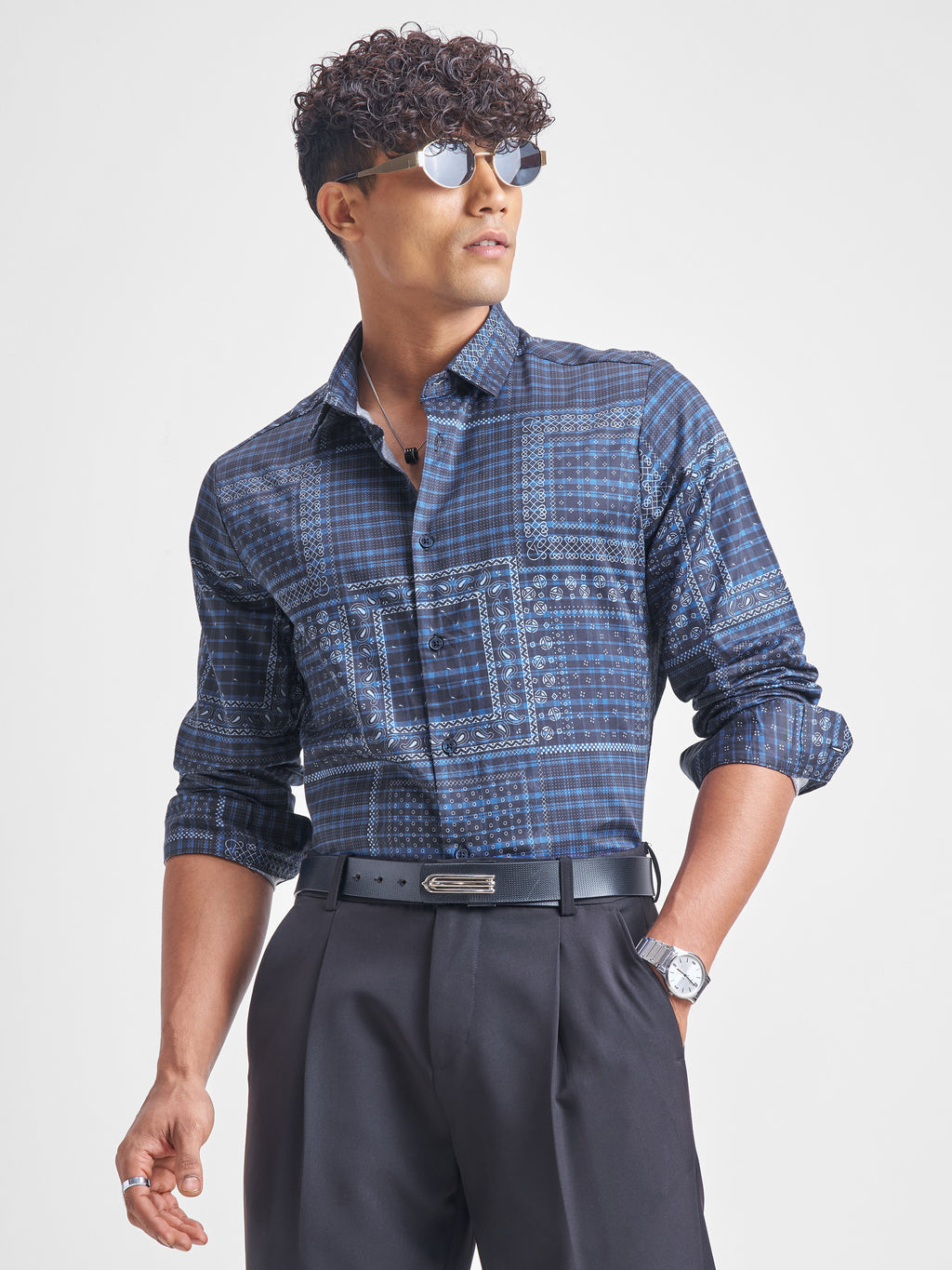 Highlander Men Navy Blue Printed Slim Fit Casual Shirt - Navy Blue - Image 1