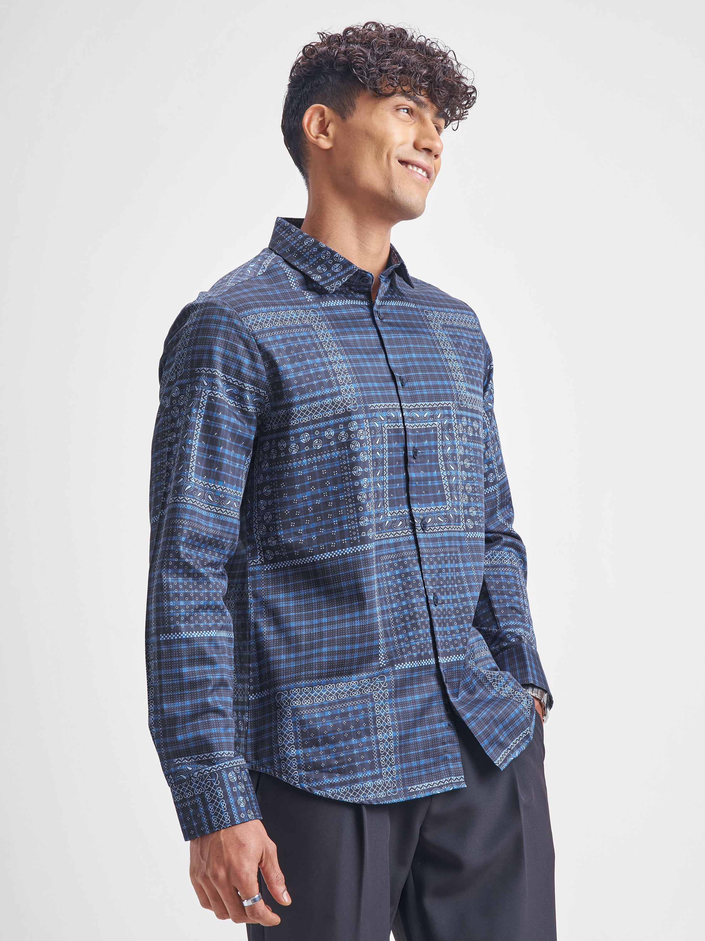 Highlander Men Navy Blue Printed Slim Fit Casual Shirt - Navy Blue - Image 6