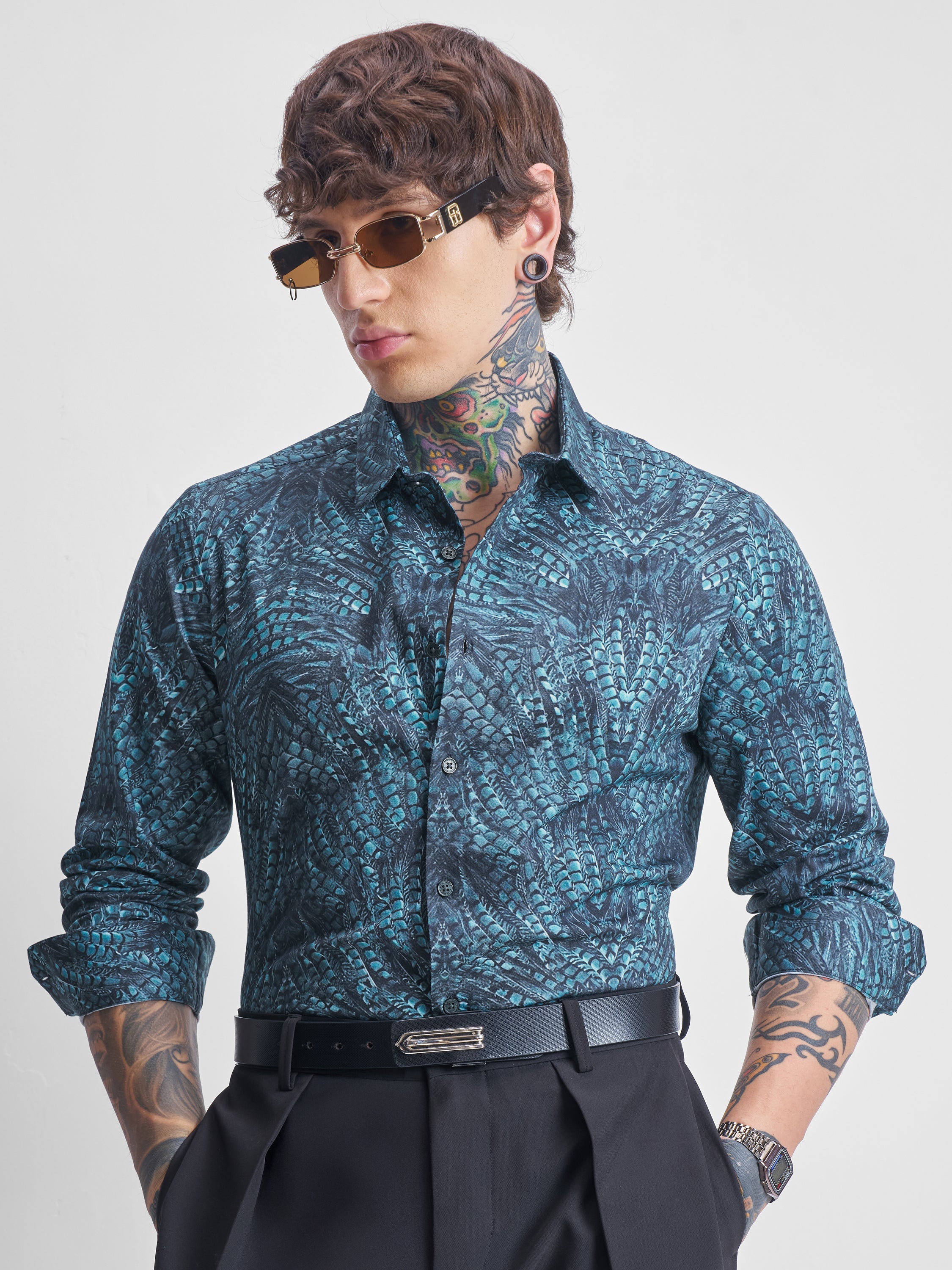Highlander Men Teal Printed Slim Fit Casual Shirt - Teal - Image 1