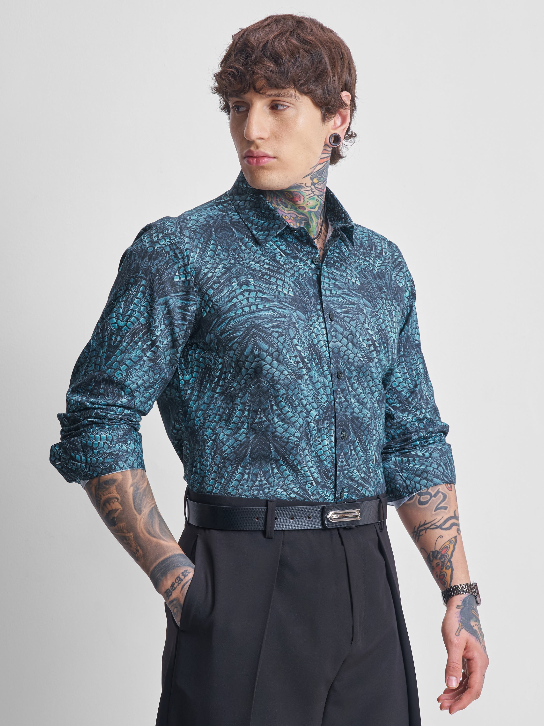 Highlander Men Teal Printed Slim Fit Casual Shirt - Teal - Image 6