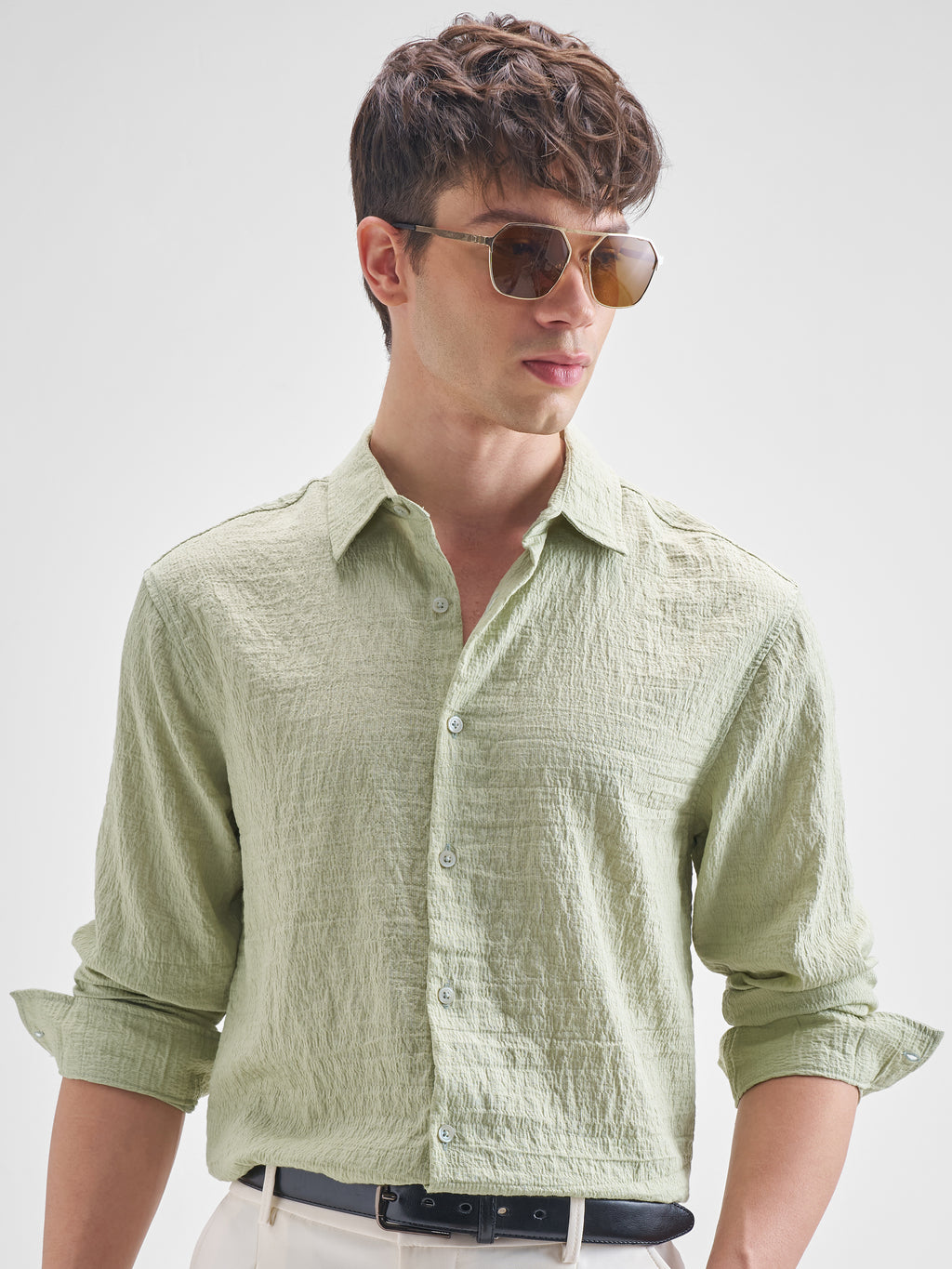 Highlander Men Green Crushed Relaxed Fit Casual Shirt - Green - Image 1