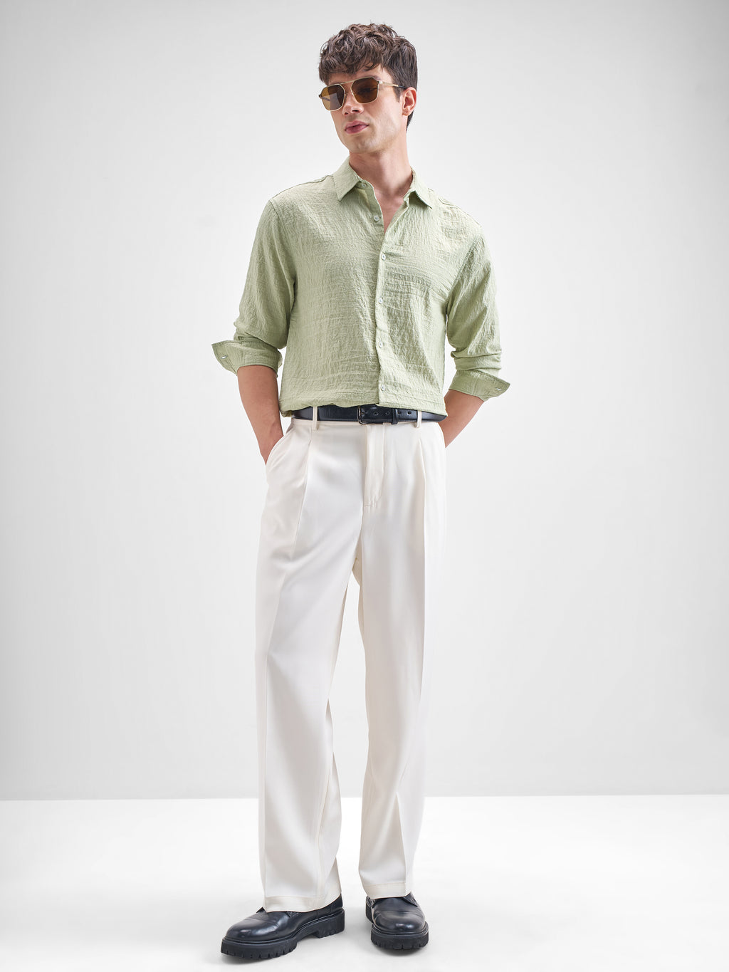 Highlander Men Green Crushed Relaxed Fit Casual Shirt - Green - Image 2