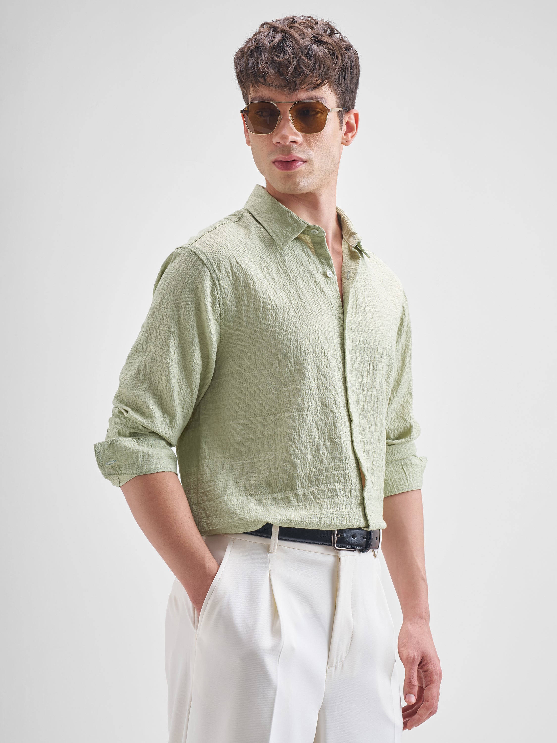 Highlander Men Green Crushed Relaxed Fit Casual Shirt - Green - Image 6