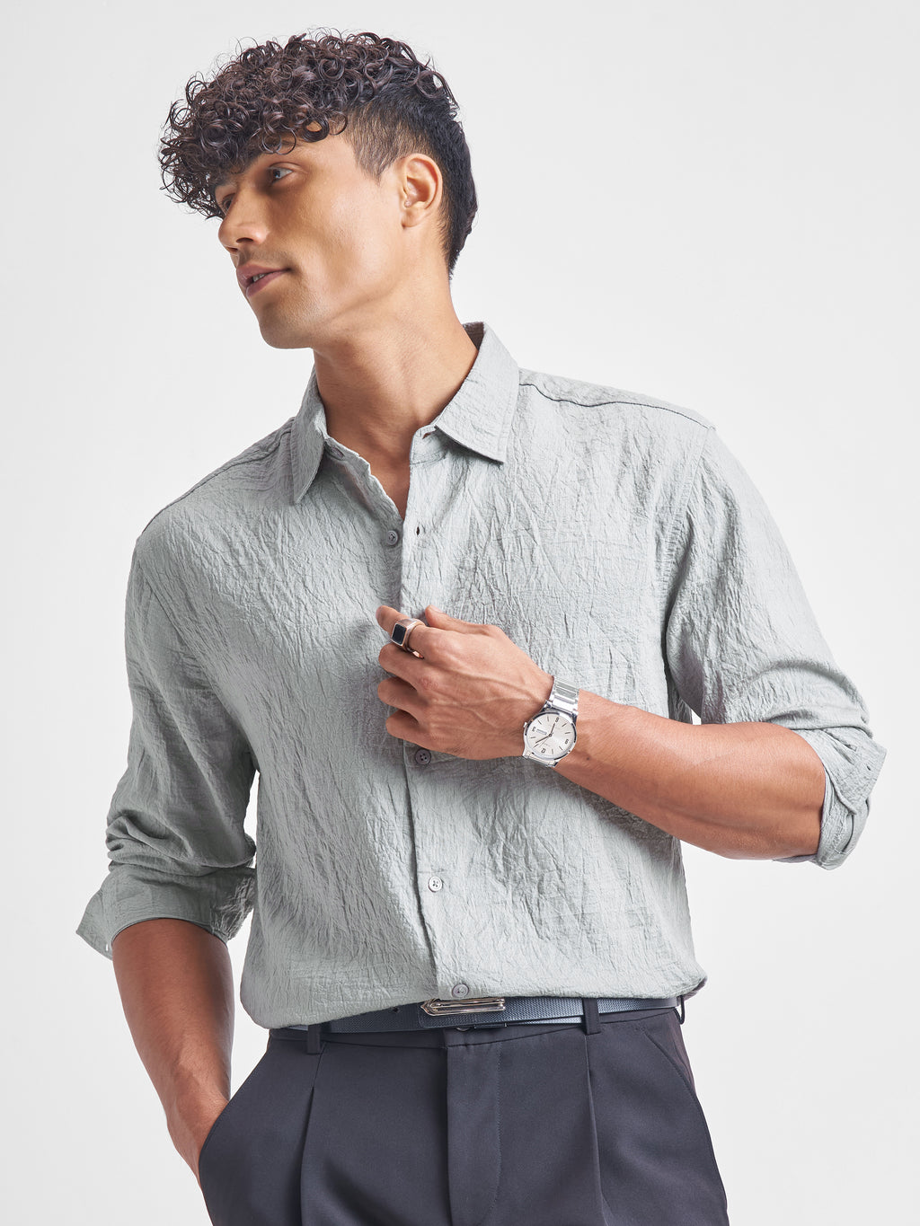 Highlander Men Grey Self Design Relaxed Fit Casual Shirt - Grey - Image 1