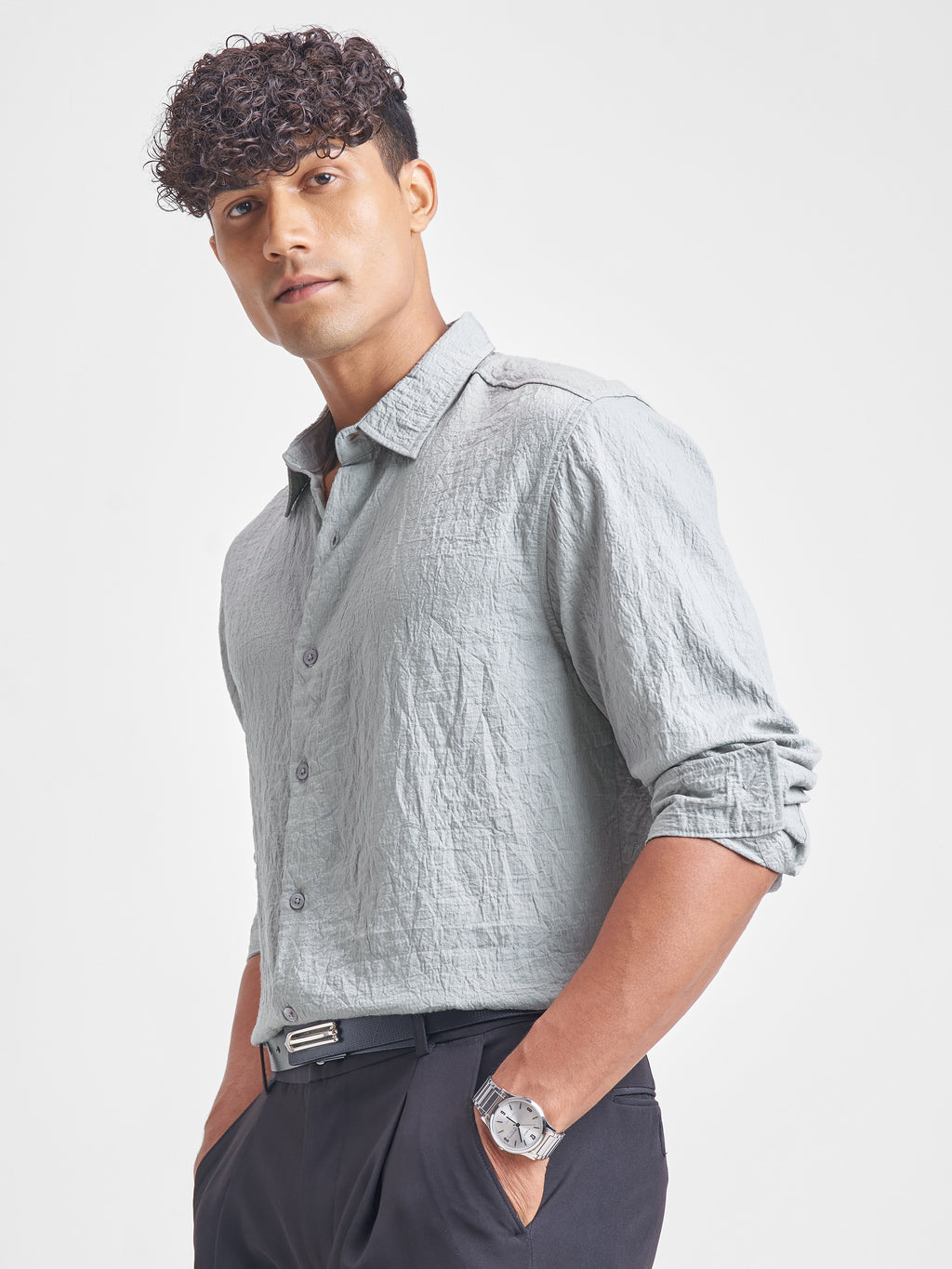 Highlander Men Grey Self Design Relaxed Fit Casual Shirt - Grey - Image 4
