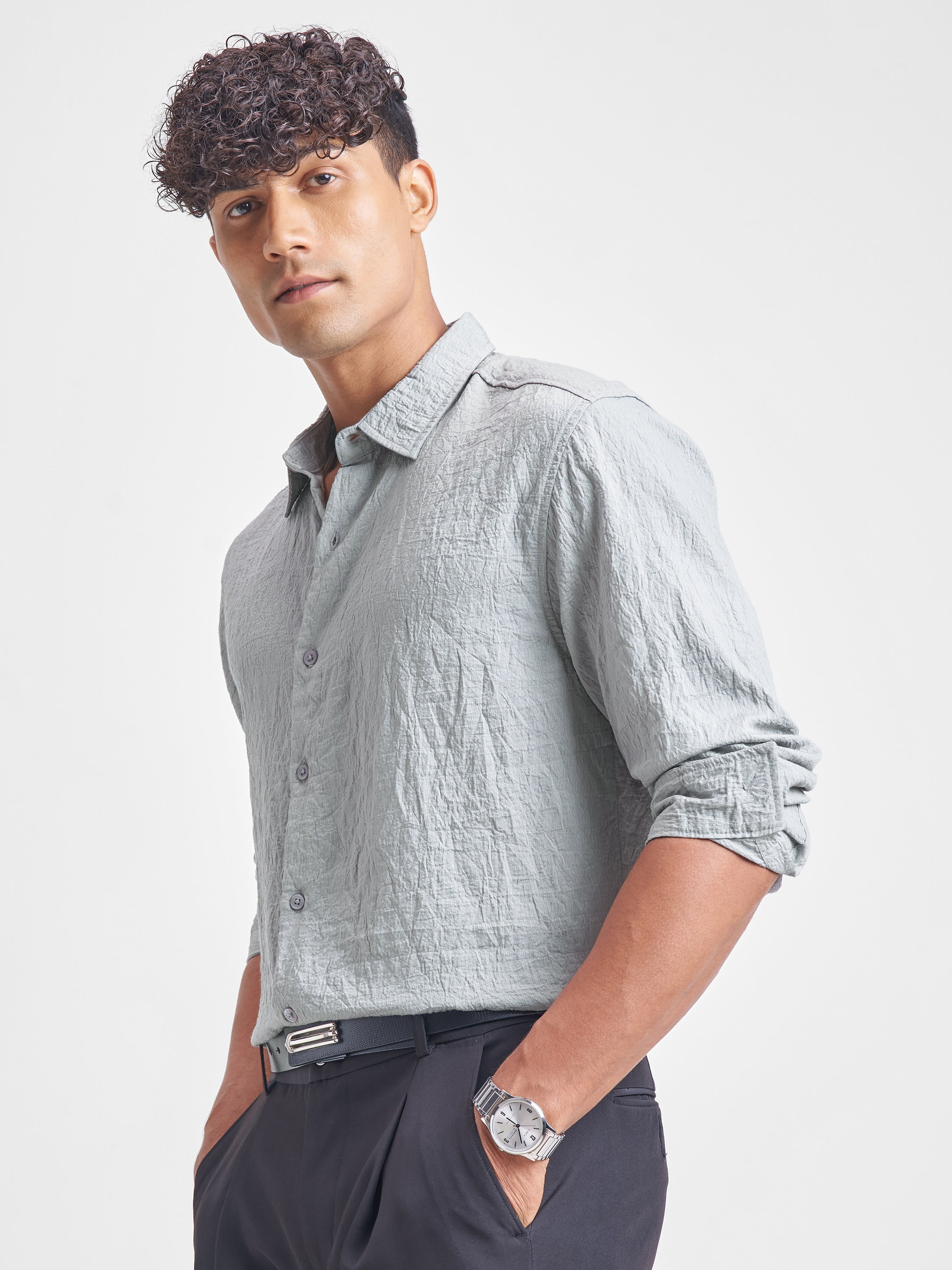 Highlander Men Grey Self Design Relaxed Fit Casual Shirt - Grey - Image 4