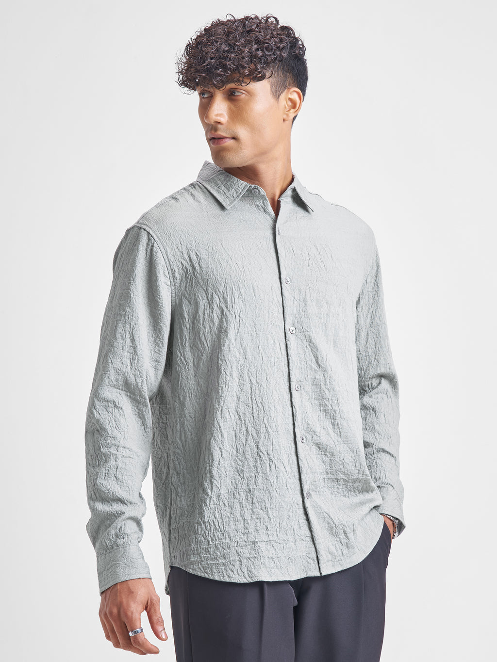 Highlander Men Grey Self Design Relaxed Fit Casual Shirt - Grey - Image 6