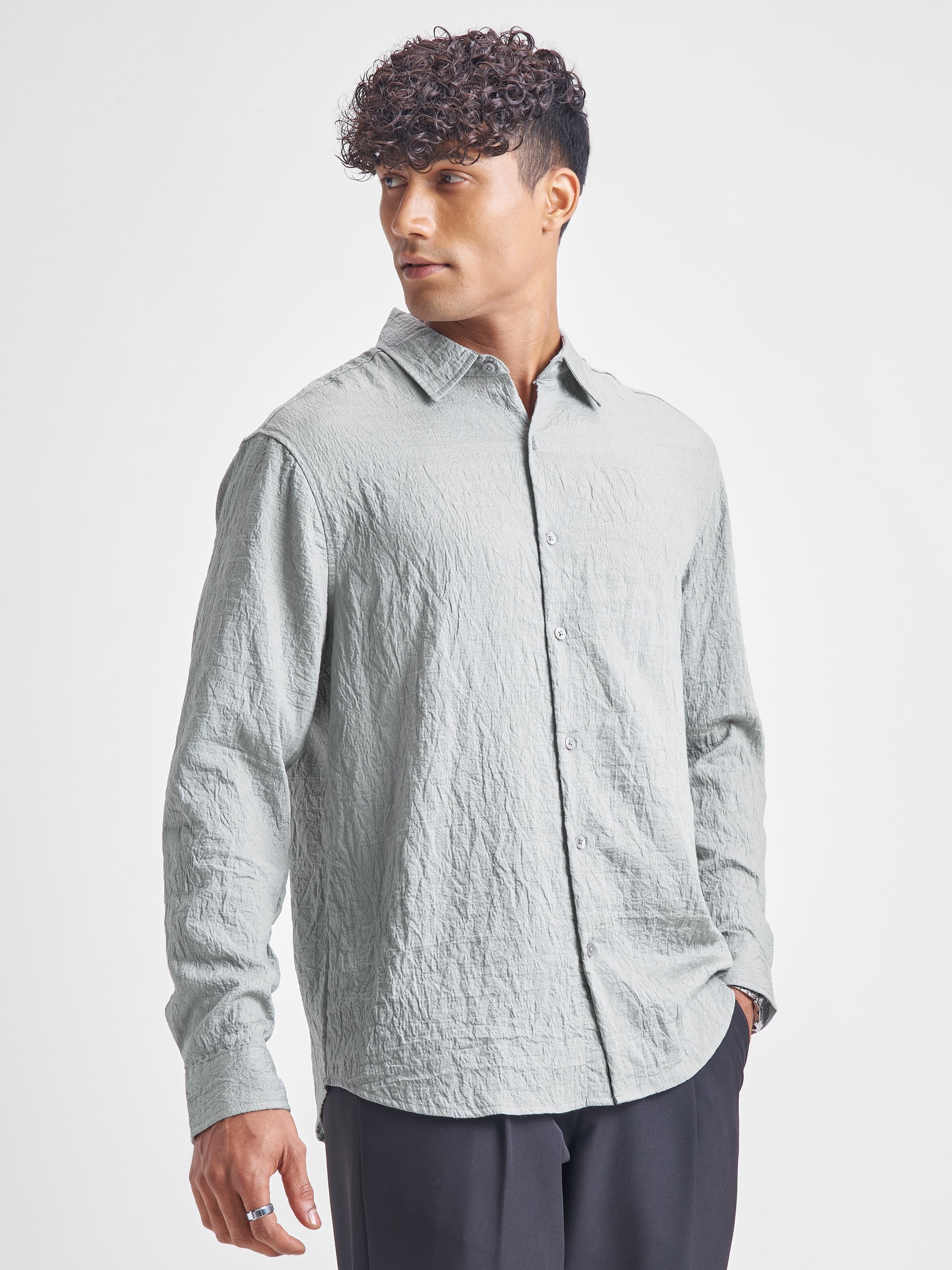 Highlander Men Grey Self Design Relaxed Fit Casual Shirt - Grey - Image 6