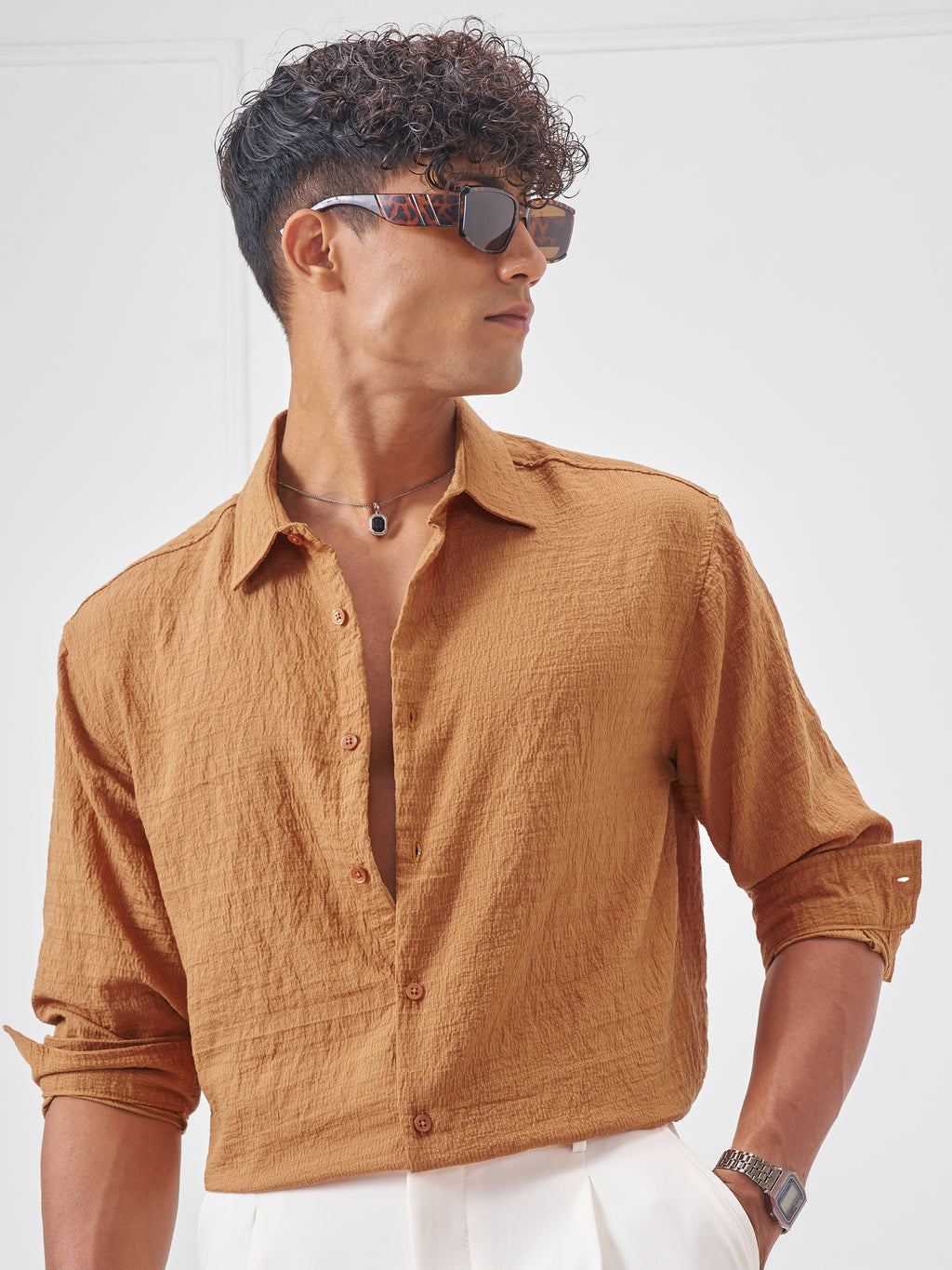 Highlander Men Rust Crushed Relaxed Fit Casual Shirt - Rust - Image 1