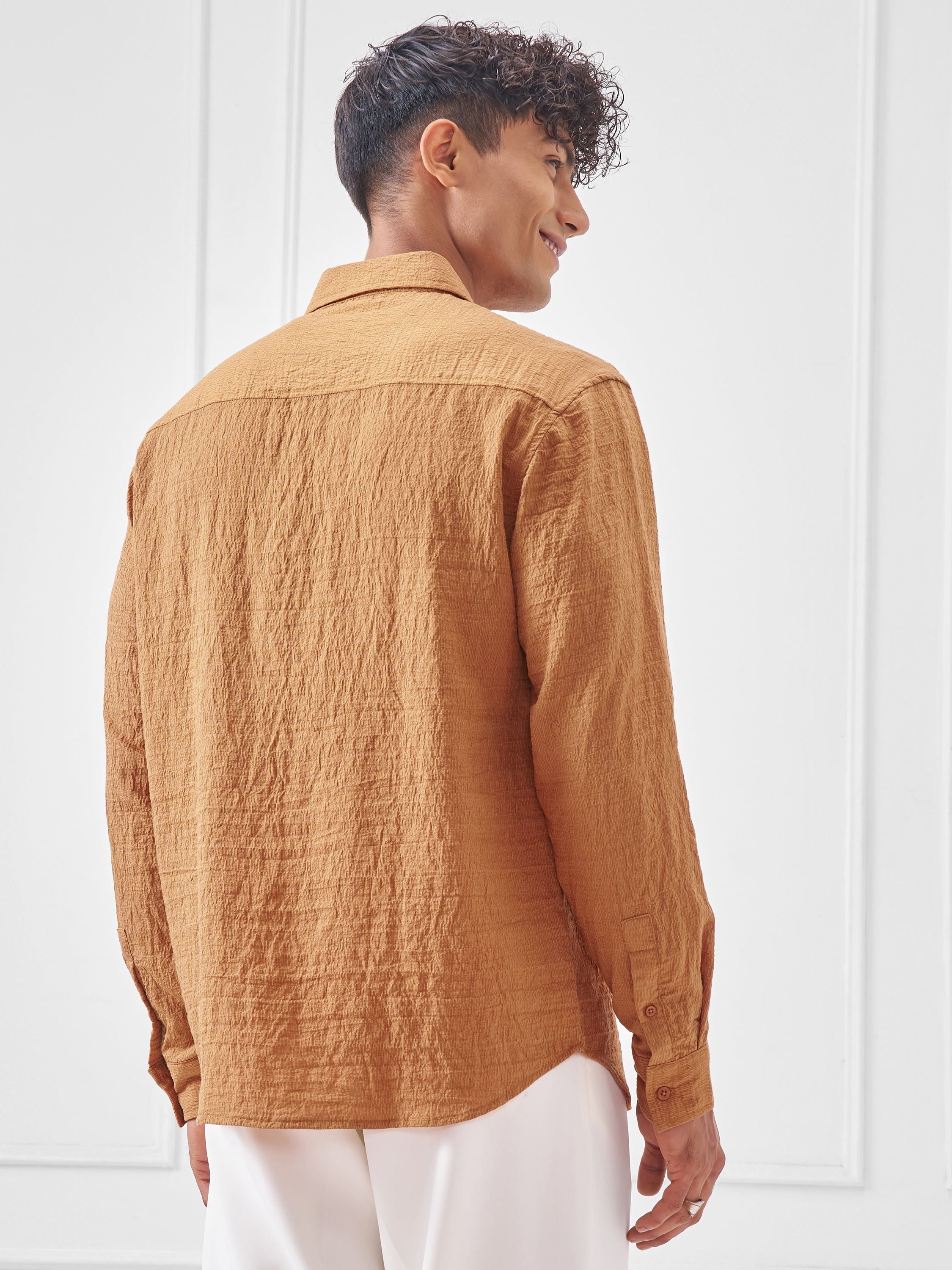 Highlander Men Rust Crushed Relaxed Fit Casual Shirt - Rust - Image 3