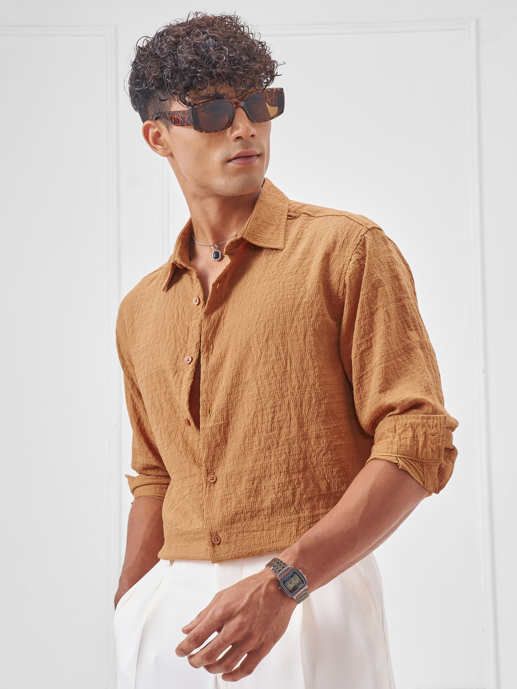 Highlander Men Rust Crushed Relaxed Fit Casual Shirt - Rust - Image 4