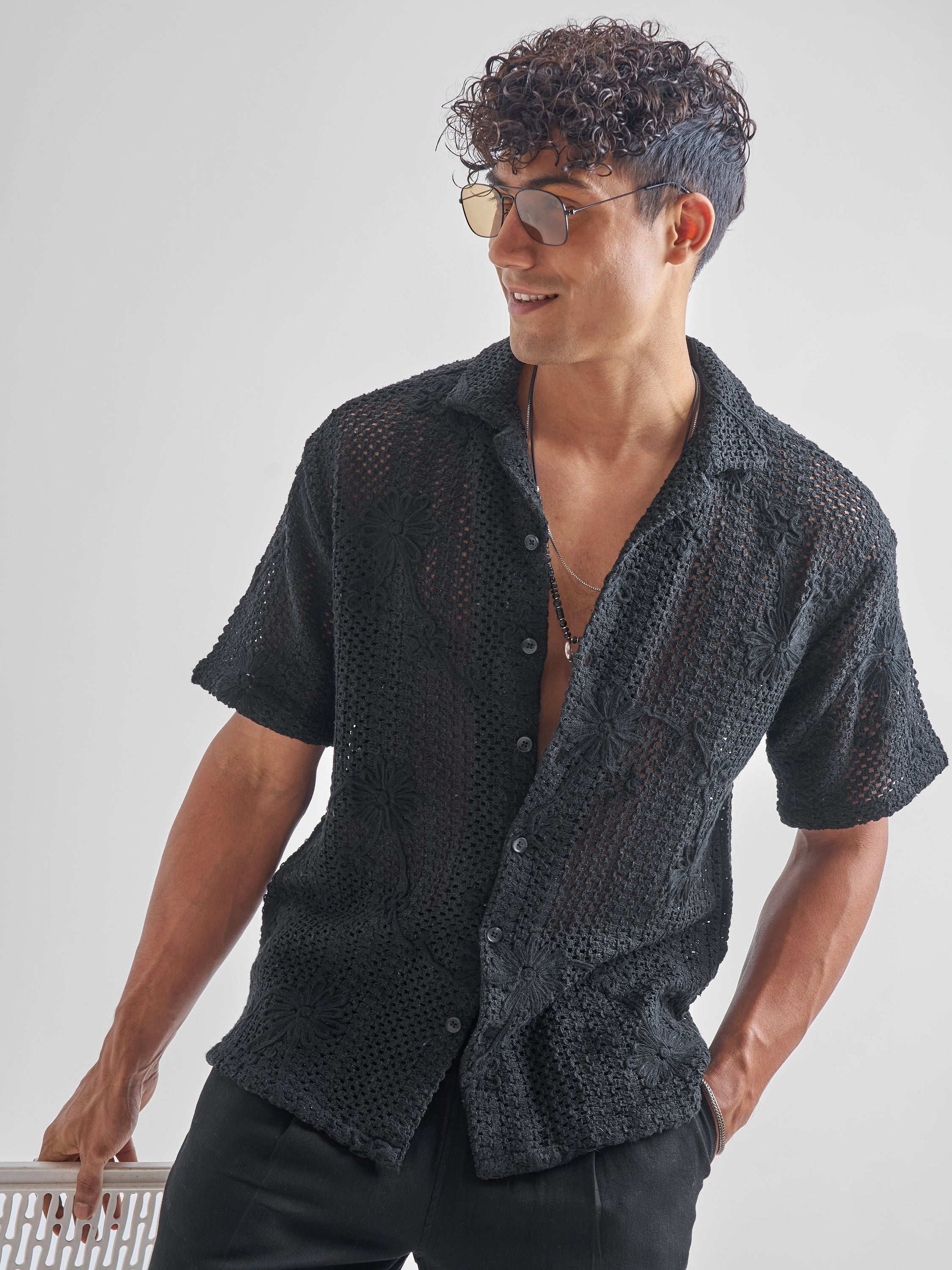 Highlander Men Black Self Design Relaxed Fit Casual Shirt - Black - Image 1