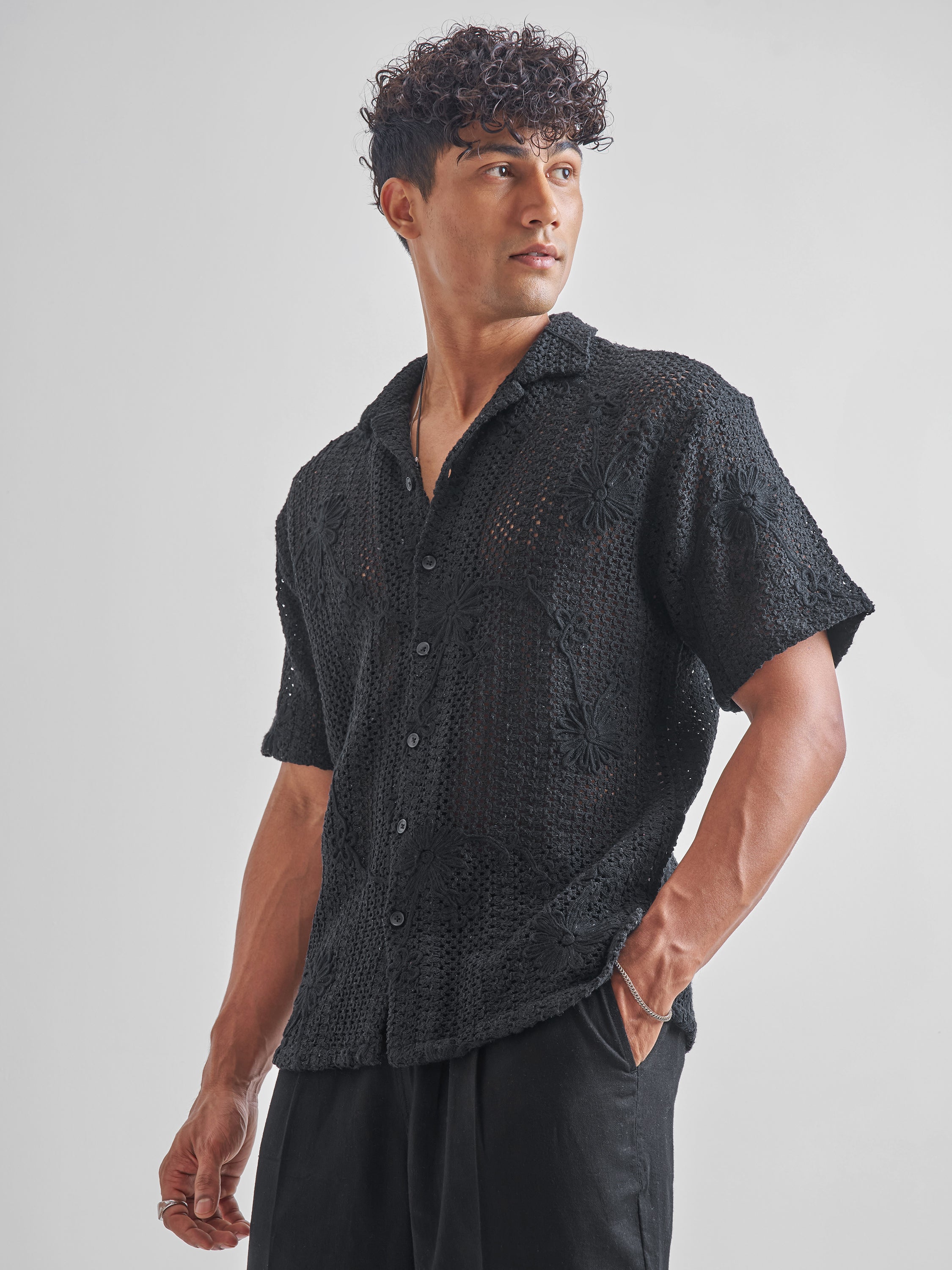 Highlander Men Black Self Design Relaxed Fit Casual Shirt - Black - Image 4