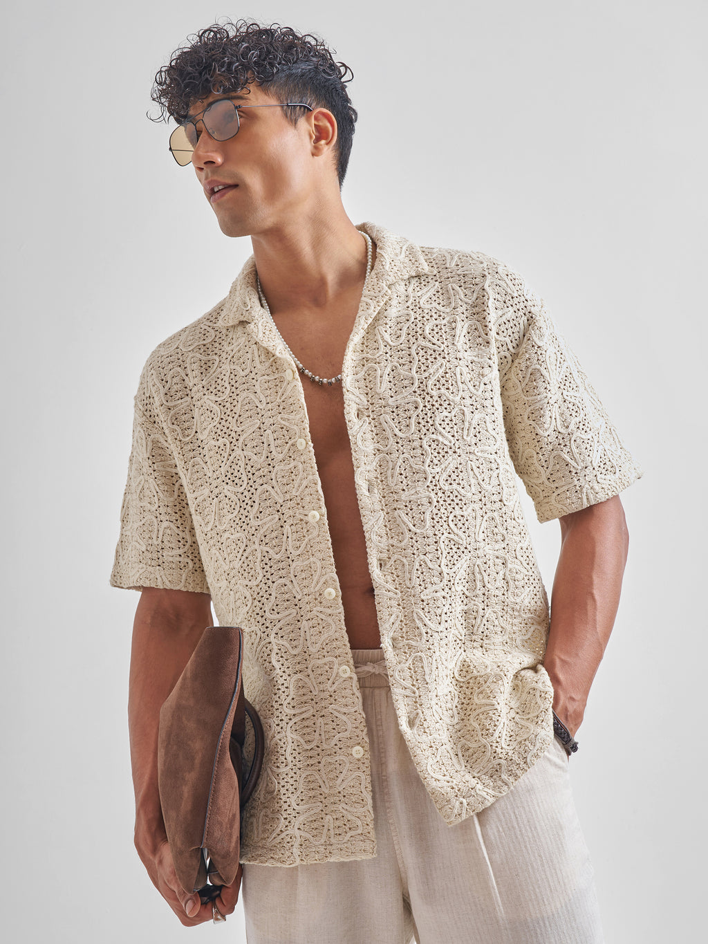 Highlander Men Beige Embroidered Crochet Relaxed Fit Casual Shirt - Beige - Image 1