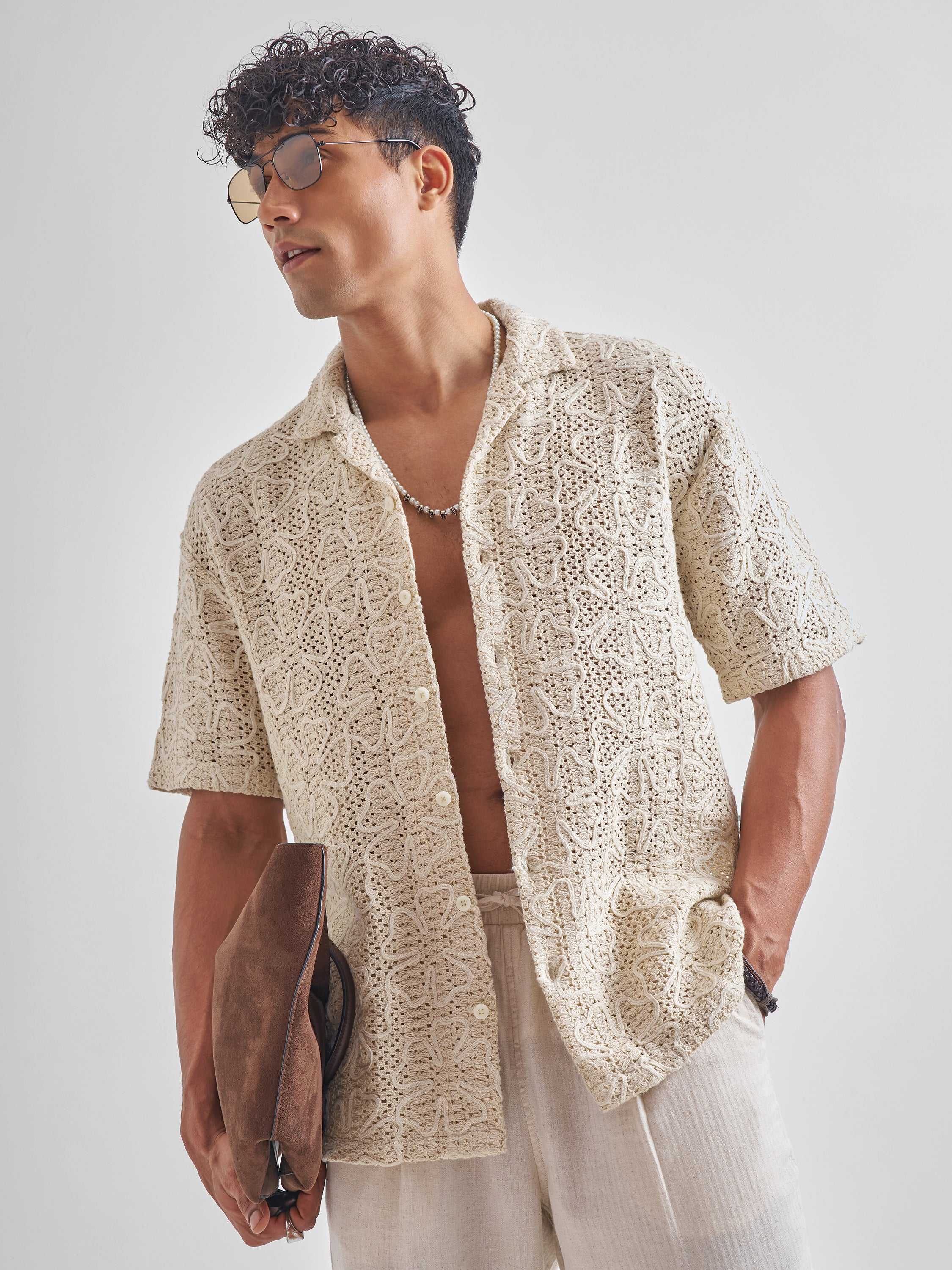 Highlander Men Beige Embroidered Crochet Relaxed Fit Casual Shirt - Beige - Image 1