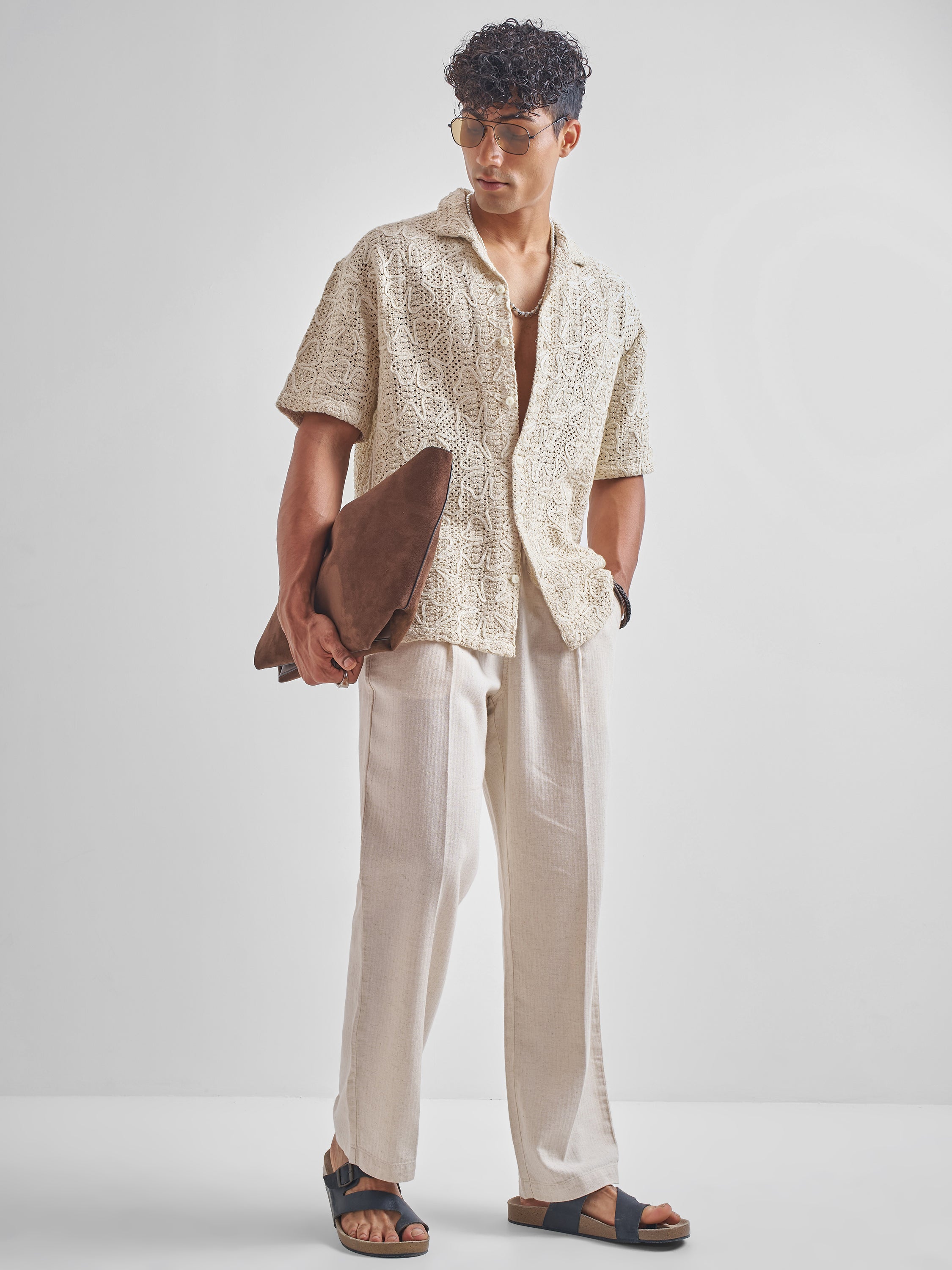 Highlander Men Beige Embroidered Crochet Relaxed Fit Casual Shirt - Beige - Image 2