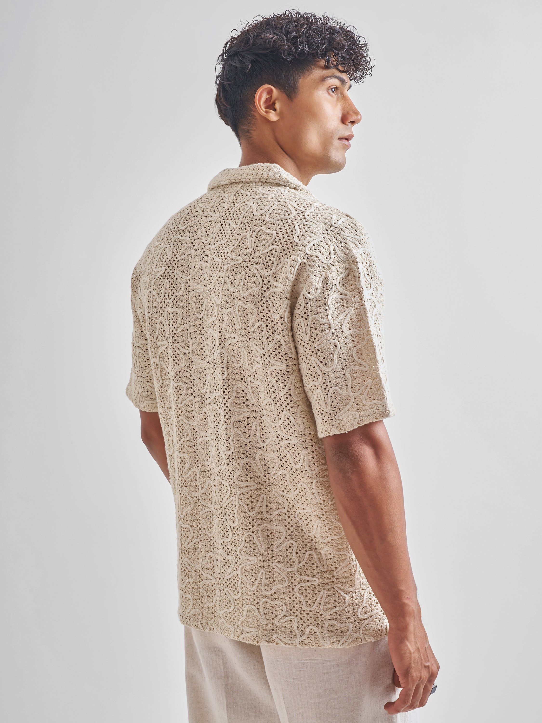 Highlander Men Beige Embroidered Crochet Relaxed Fit Casual Shirt - Beige - Image 3
