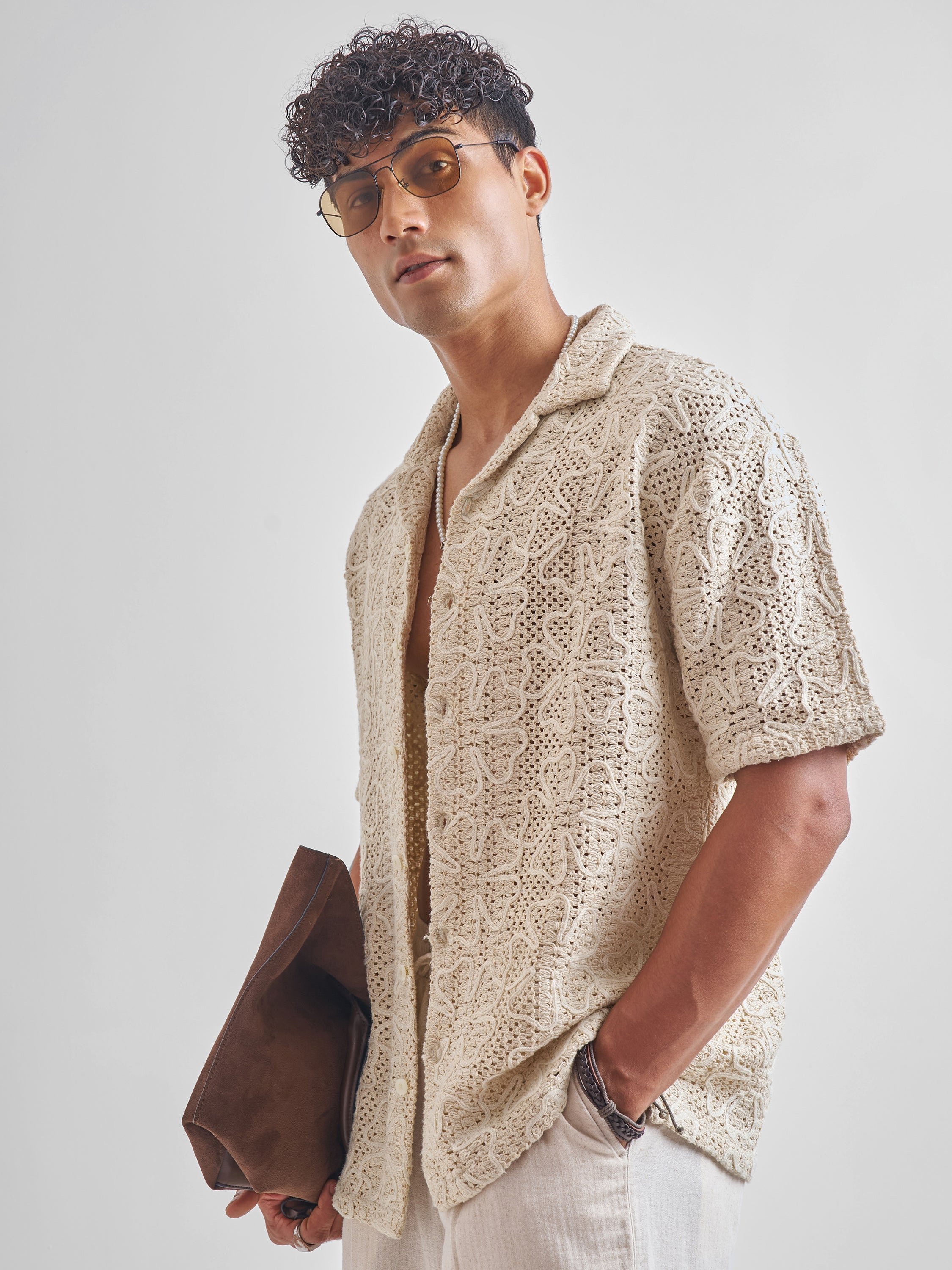 Highlander Men Beige Embroidered Crochet Relaxed Fit Casual Shirt - Beige - Image 4