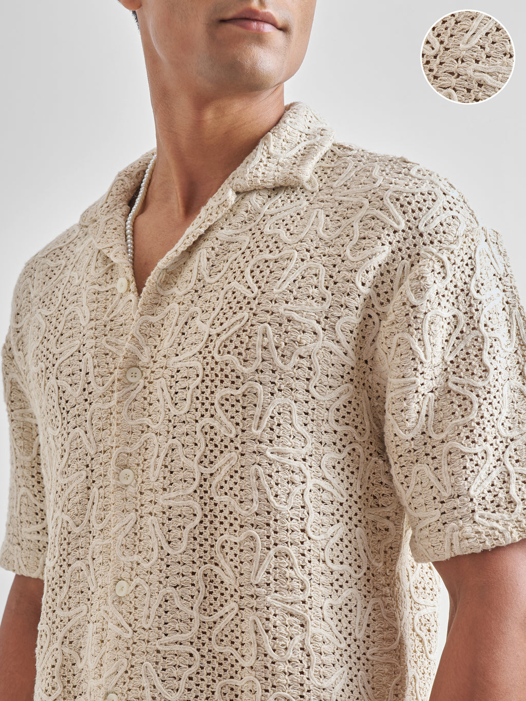 Highlander Men Beige Embroidered Crochet Relaxed Fit Casual Shirt - Beige - Image 5