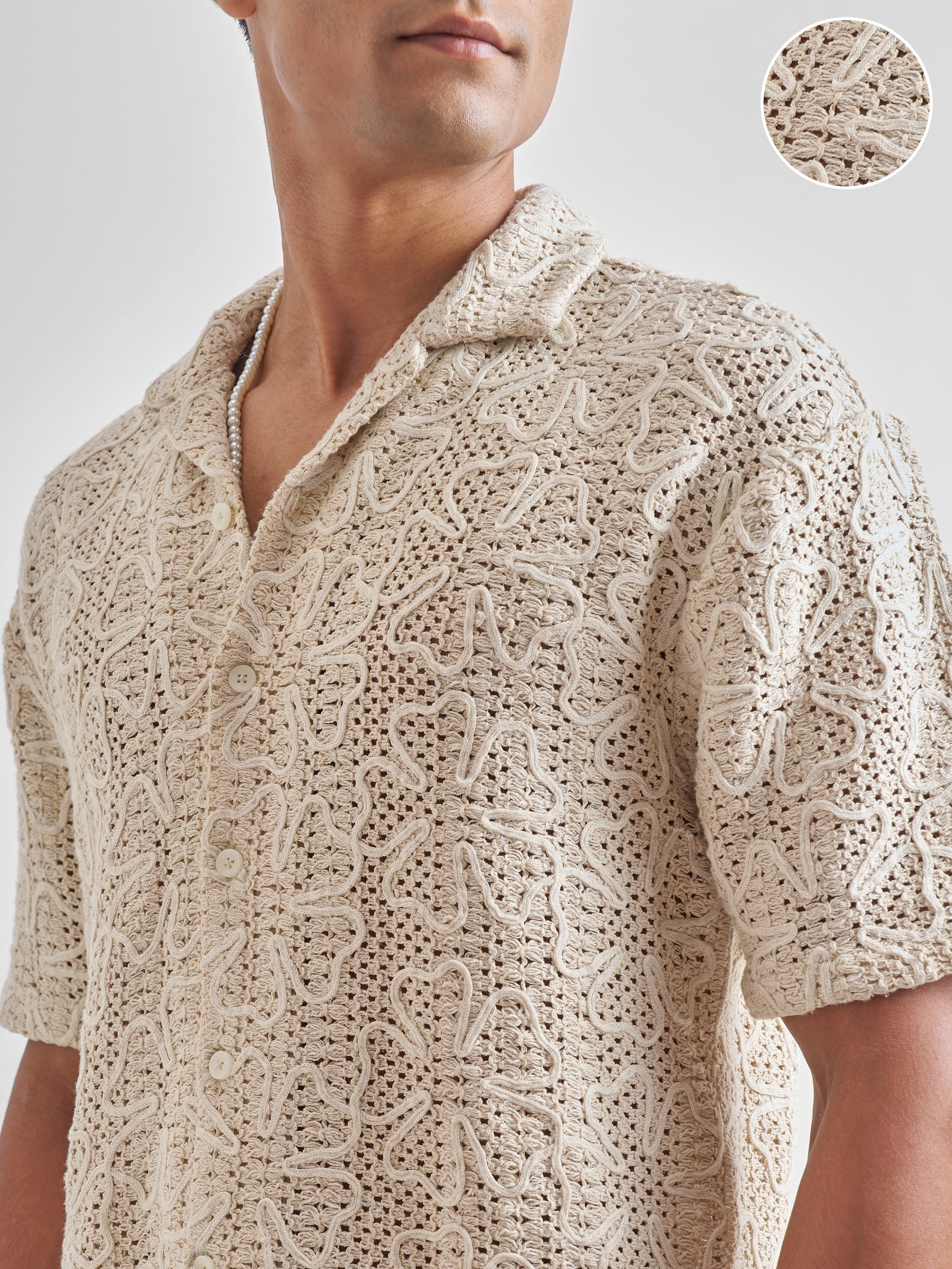 Highlander Men Beige Embroidered Crochet Relaxed Fit Casual Shirt - Beige - Image 5