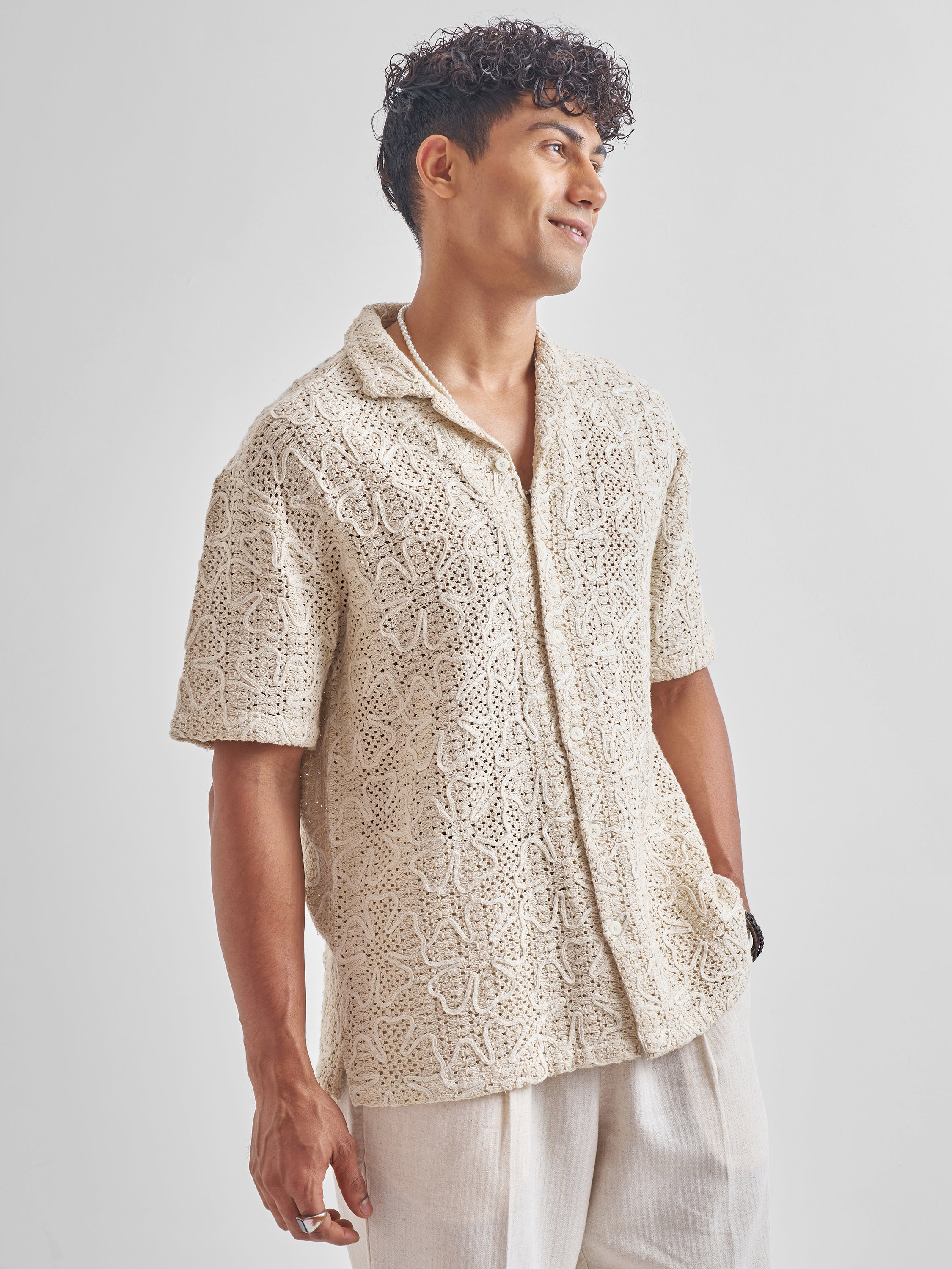 Highlander Men Beige Embroidered Crochet Relaxed Fit Casual Shirt - Beige - Image 6