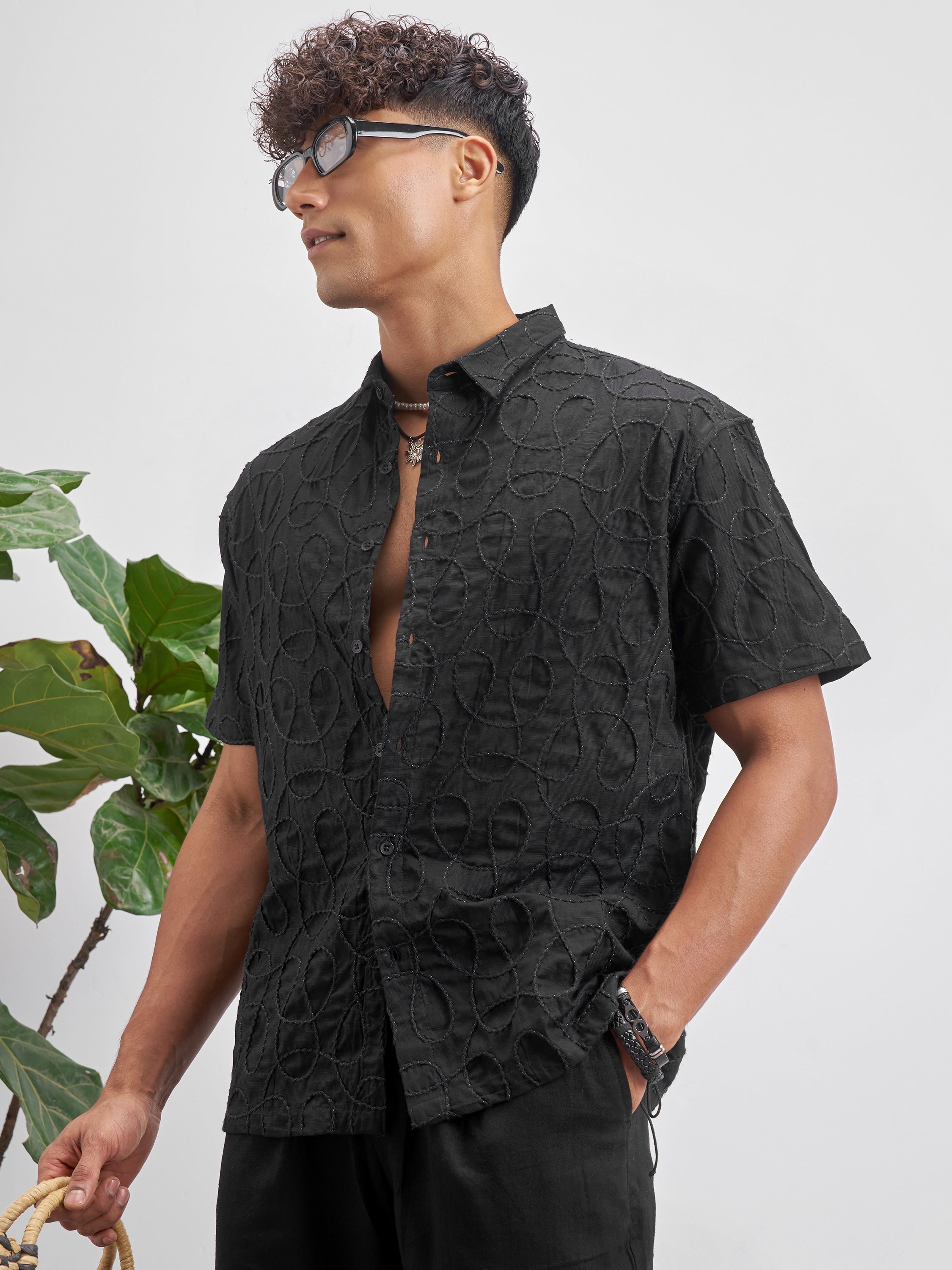 Highlander Men Black Embroidered Relaxed Fit Casual Shirt - Black - Image 4