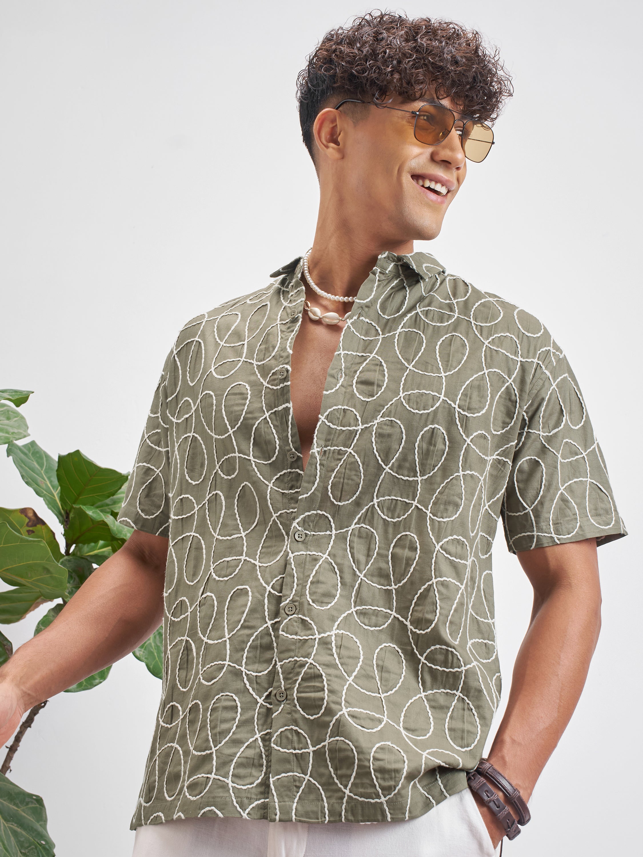 Highlander Men Olive Embroidered Relaxed Fit Casual Shirt - Olive - Image 1