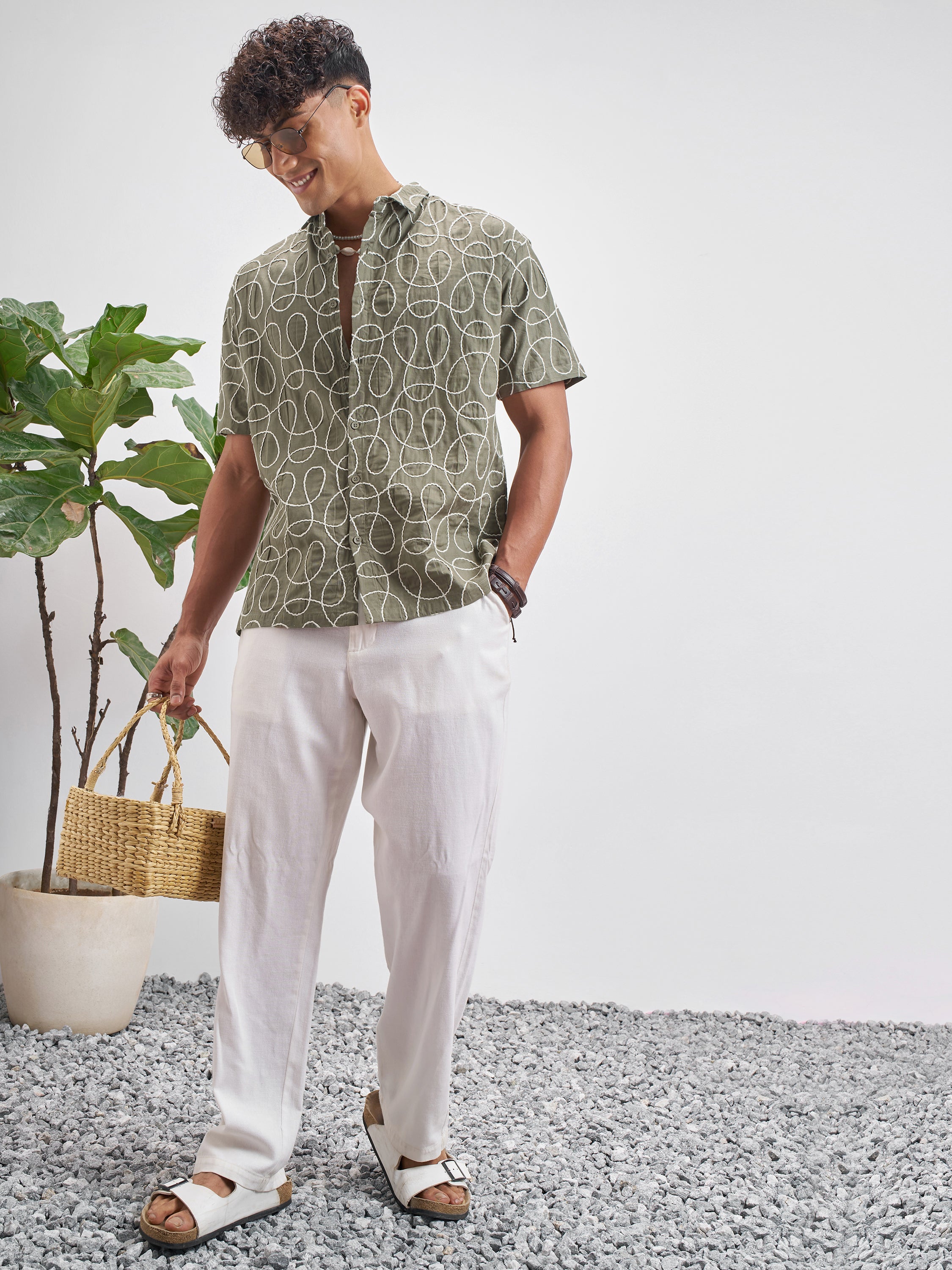 Highlander Men Olive Embroidered Relaxed Fit Casual Shirt - Olive - Image 2