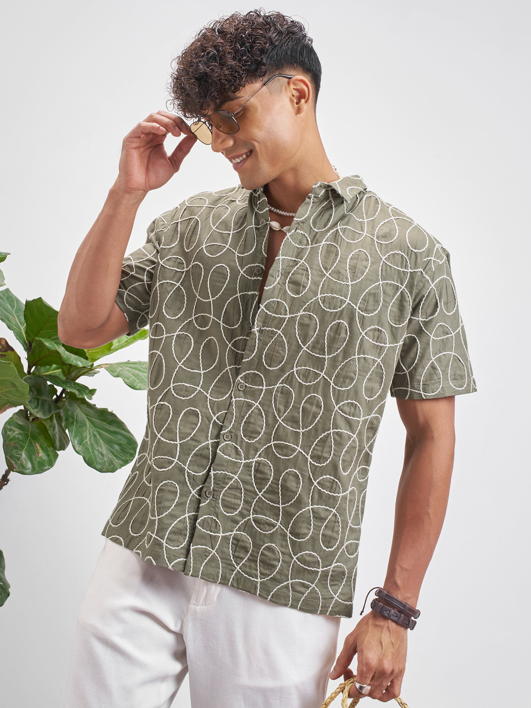 Highlander Men Olive Embroidered Relaxed Fit Casual Shirt - Olive - Image 4