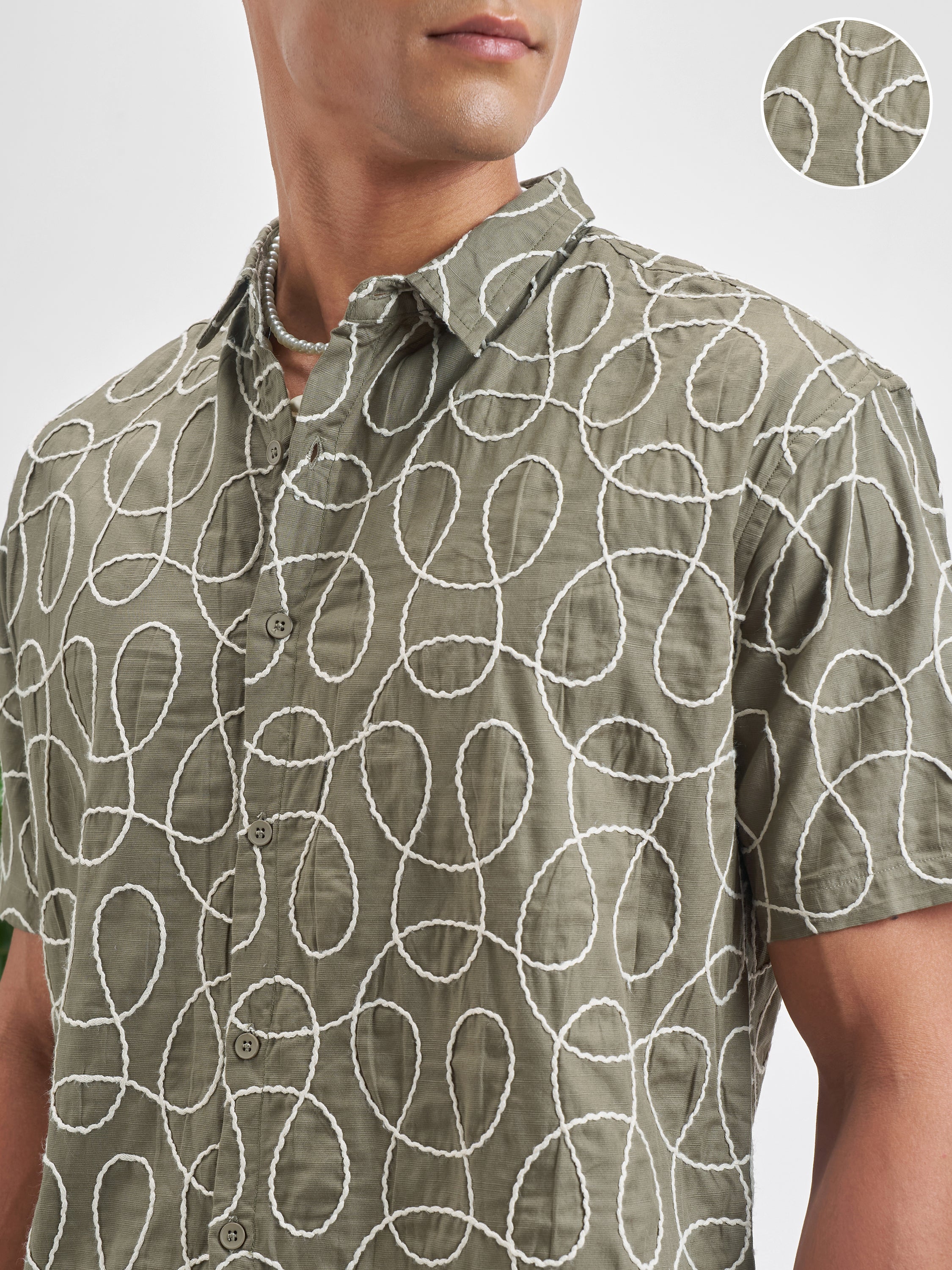 Highlander Men Olive Embroidered Relaxed Fit Casual Shirt - Olive - Image 5