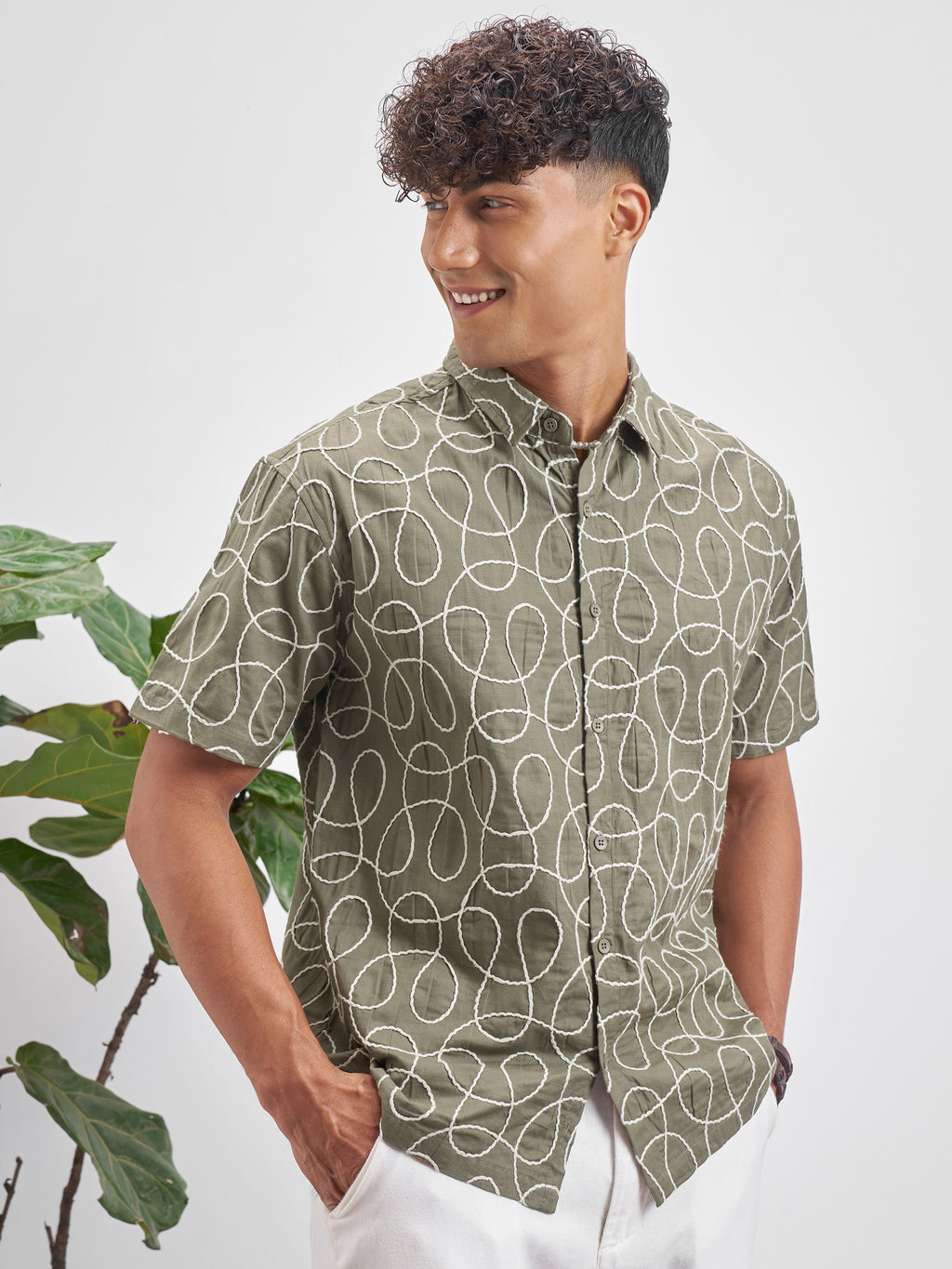 Highlander Men Olive Embroidered Relaxed Fit Casual Shirt - Olive - Image 6