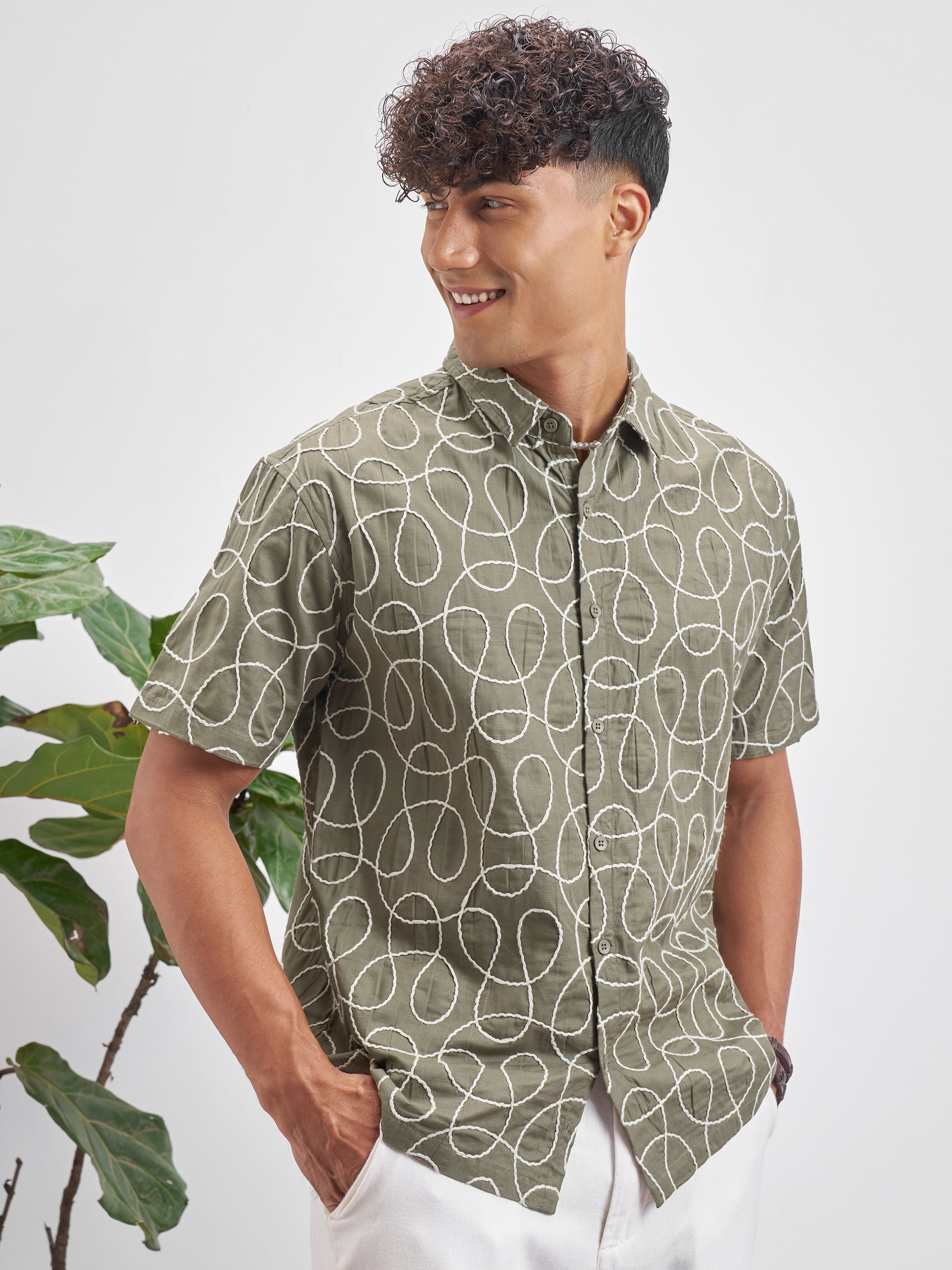 Highlander Men Olive Embroidered Relaxed Fit Casual Shirt - Olive - Image 6