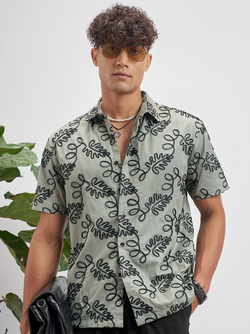 Highlander Men Olive Embroidered Relaxed Fit Casual Shirt - Olive - Image 1